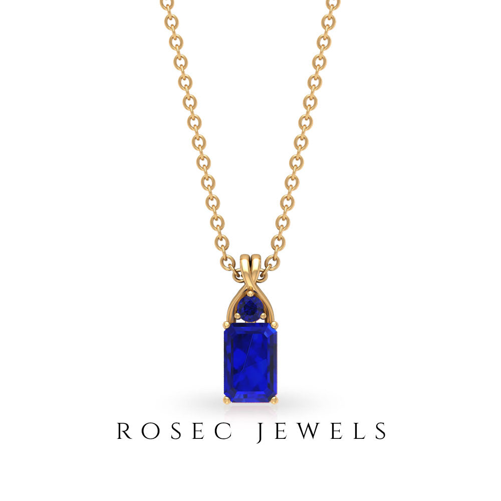 Emerald Cut Lab Created Blue Sapphire Solitaire Pendant Necklace Lab Created Blue Sapphire - ( AAAA ) - Quality - Rosec Jewels