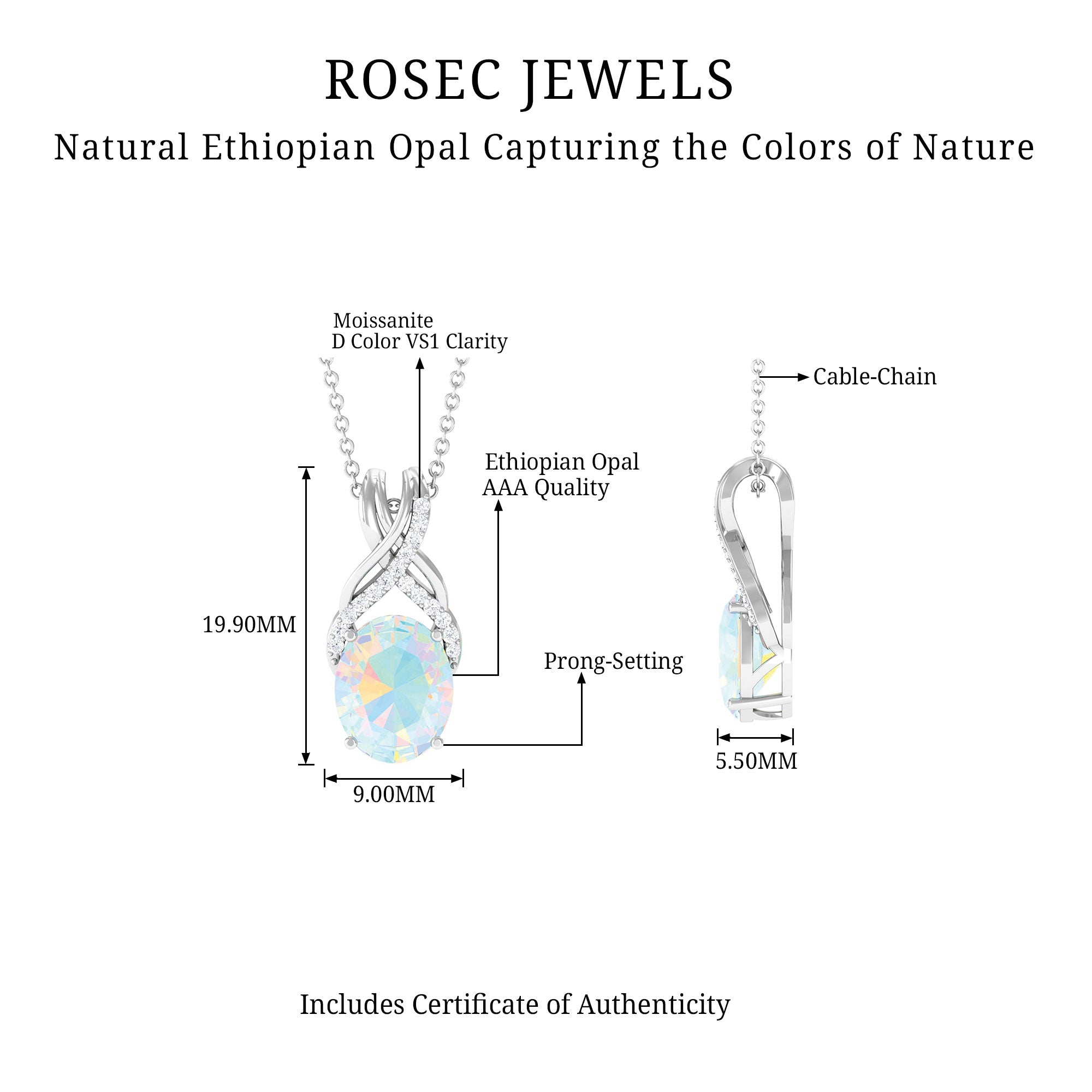 Rosec Jewels-Oval Ethiopian Opal Solitaire Pendant with Moissanite Twisted Bail