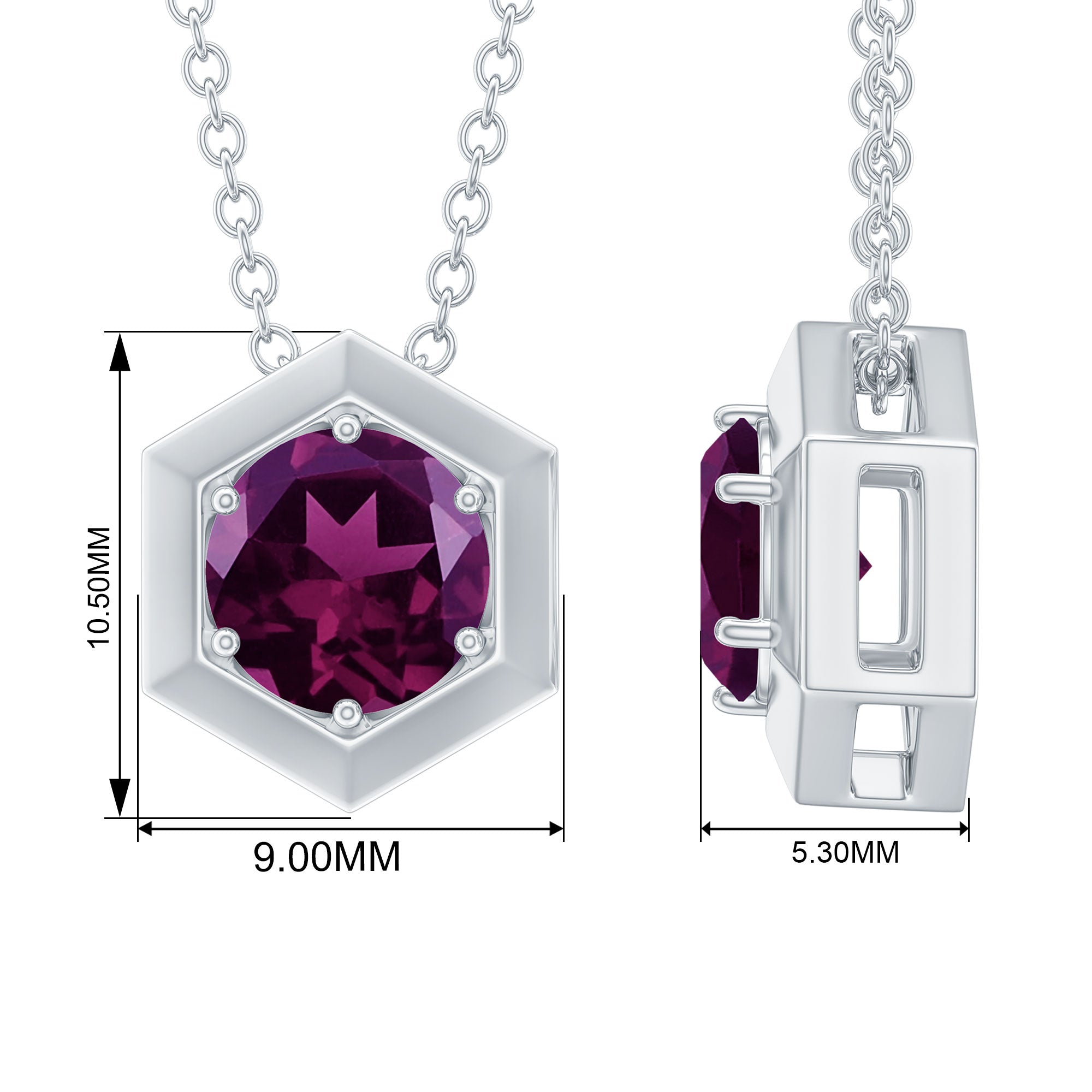 Genuine Rhodolite Solitaire Hexagon Pendant Necklace Rhodolite - ( AAA ) - Quality - Rosec Jewels