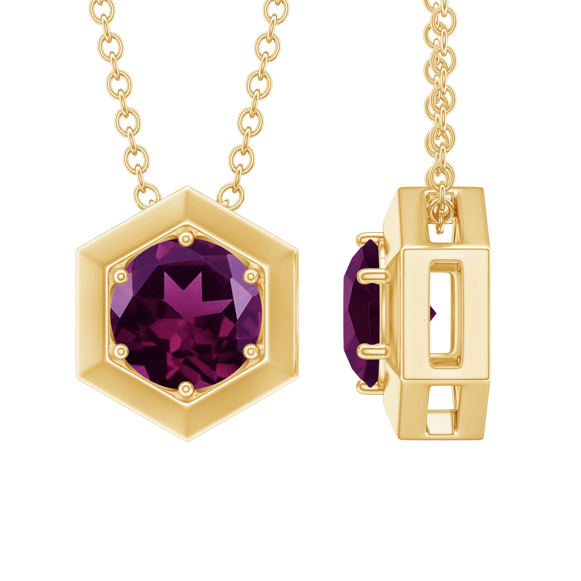 Genuine Rhodolite Solitaire Hexagon Pendant Necklace Rhodolite - ( AAA ) - Quality - Rosec Jewels