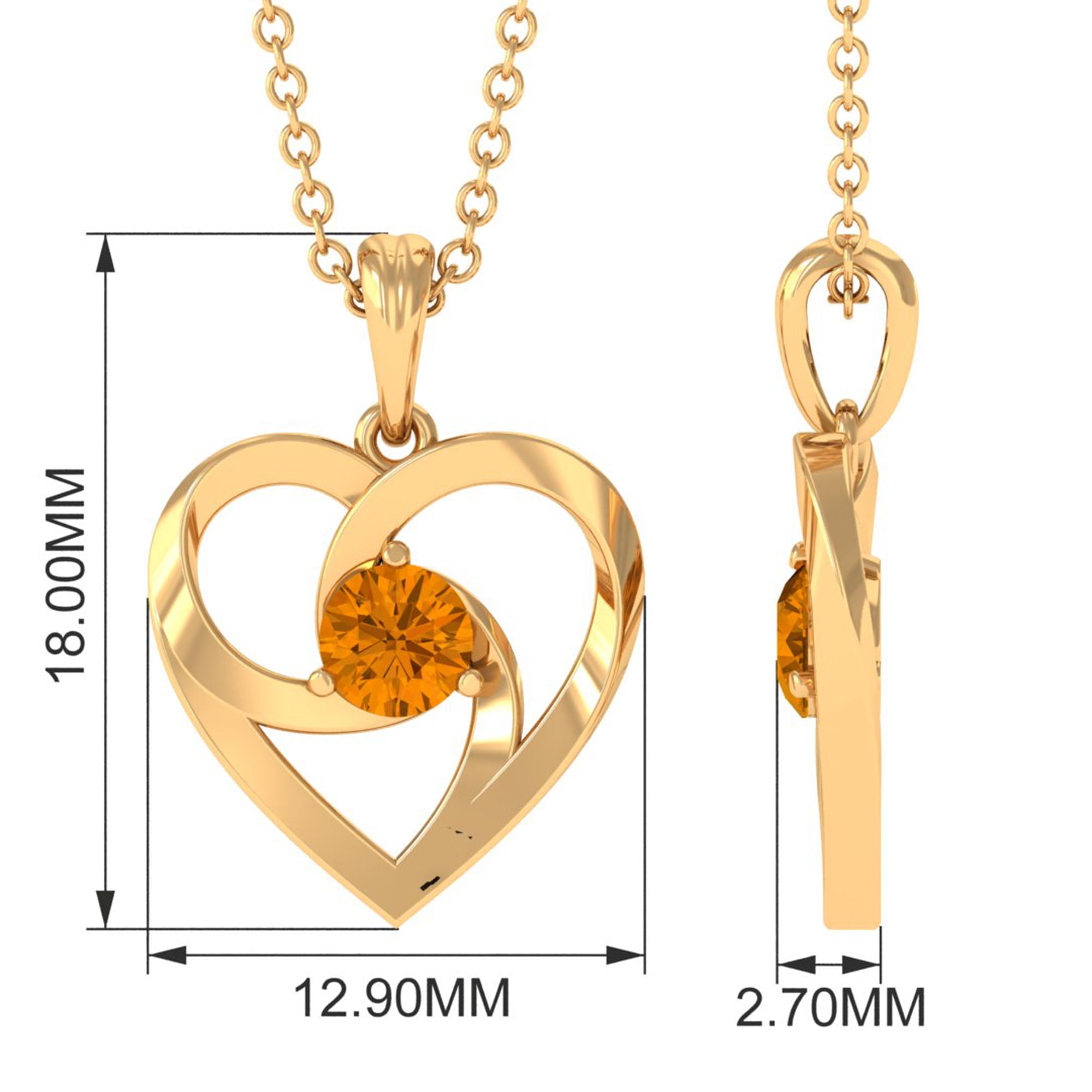 1/4 CT Round Citrine Gold Heart Pendant Necklace Citrine - ( AAA ) - Quality - Rosec Jewels