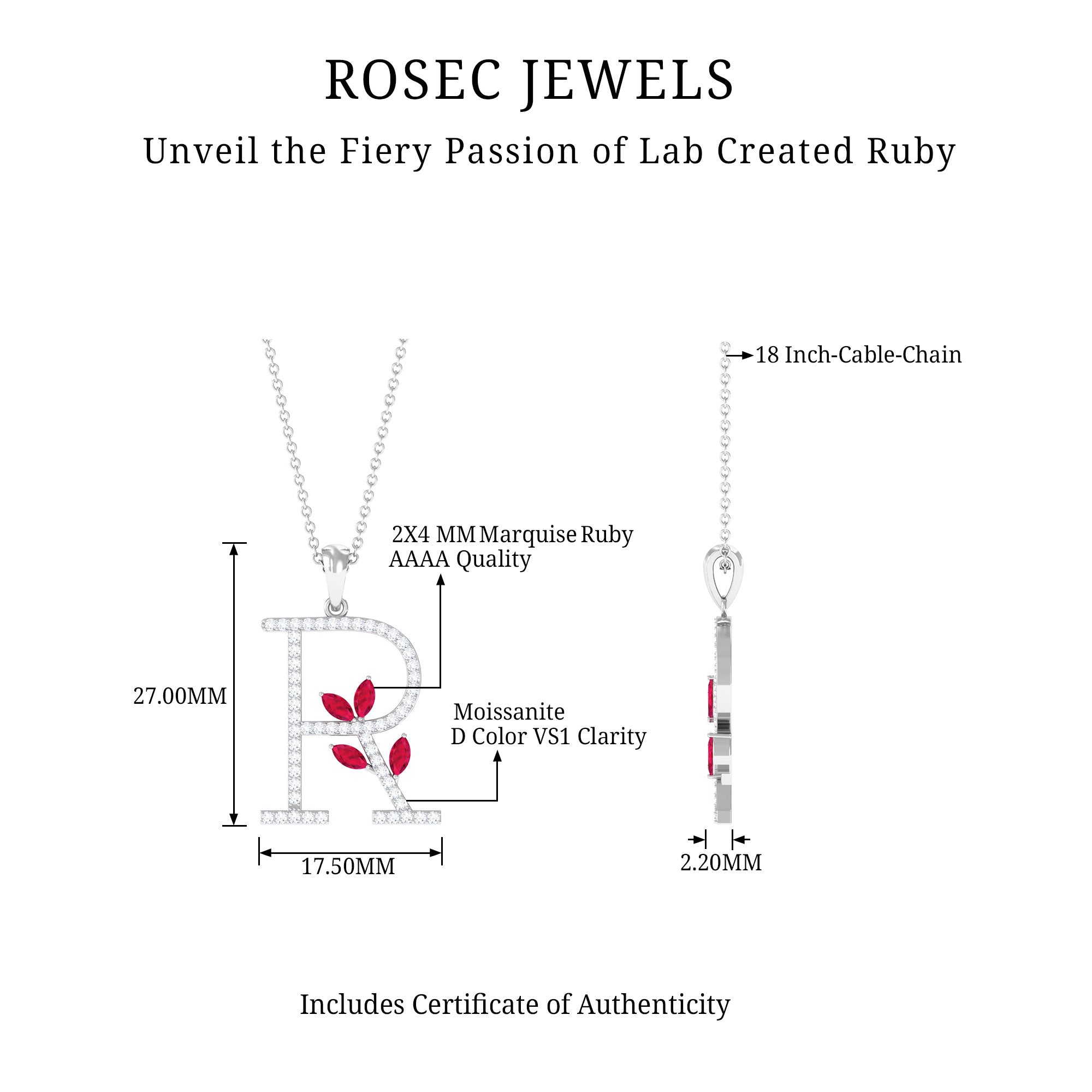 Moissanite R Initial Pendant Necklace With Lab Grown Ruby Lab Created Ruby - ( AAAA ) - Quality - Rosec Jewels