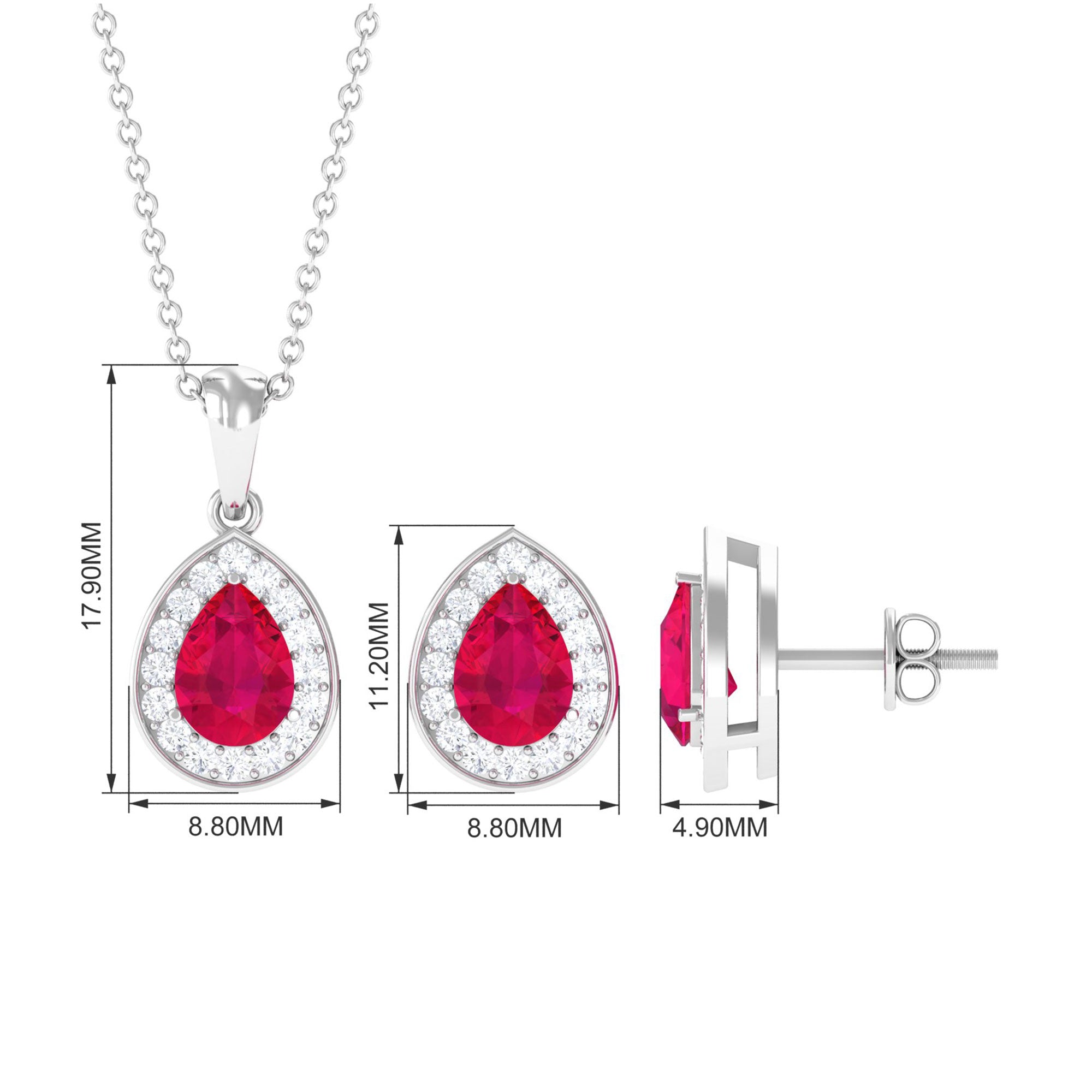 3.25 CT Pear Cut Ruby and Moissanite Pendant and Earring Set Ruby - ( AAA ) - Quality - Rosec Jewels