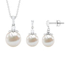 Real Freshwater Pearl and Diamond Drop Pendant and Earrings Set Freshwater Pearl - ( AAA ) - Quality - Rosec Jewels