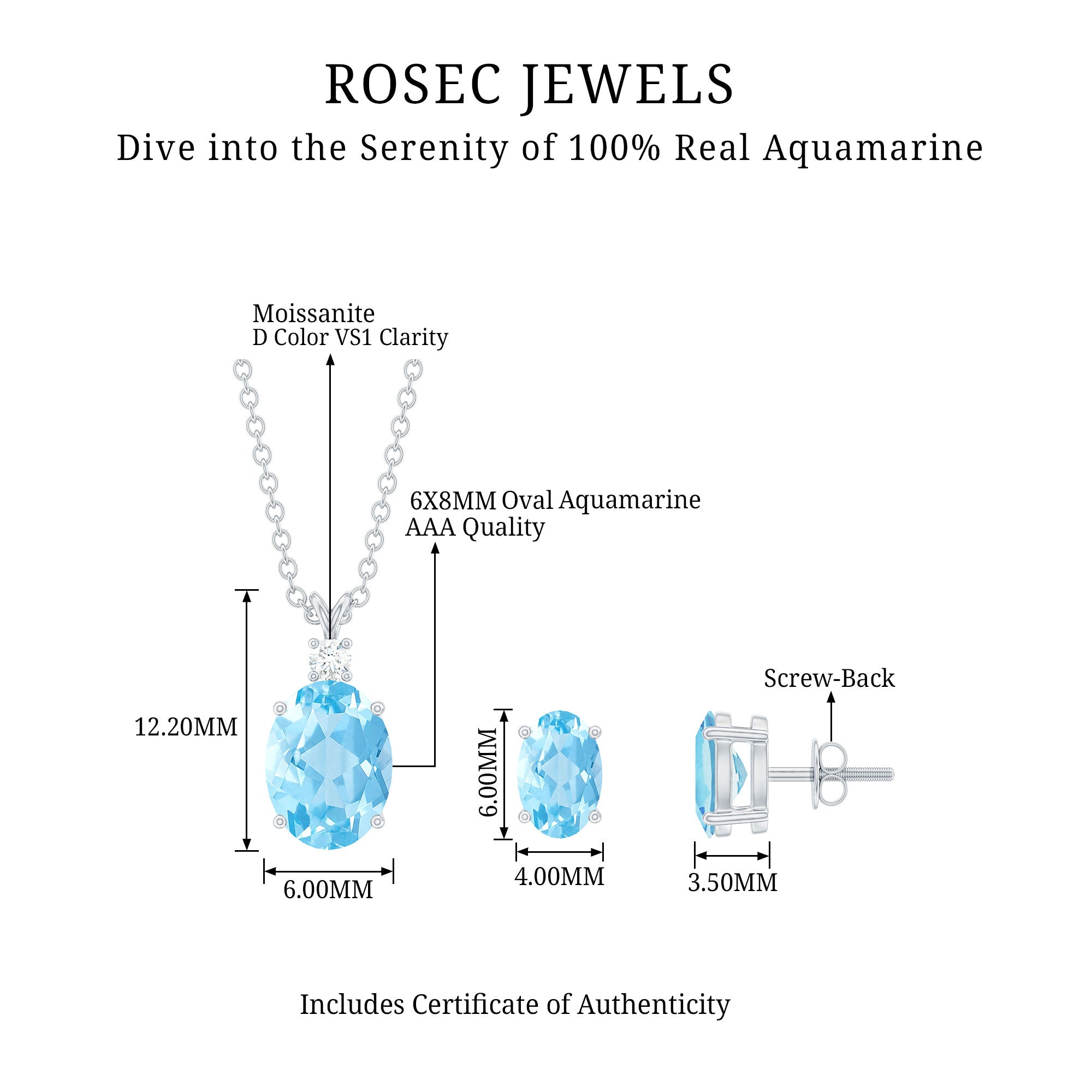 Aquamarine Solitaire Pendant Necklace and Earrings Set Aquamarine - ( AAA ) - Quality - Rosec Jewels