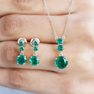 Lab-Created Emerald Three Stone Dangle Jewelry Set Lab Created Emerald - ( AAAA ) - Quality - Rosec Jewels