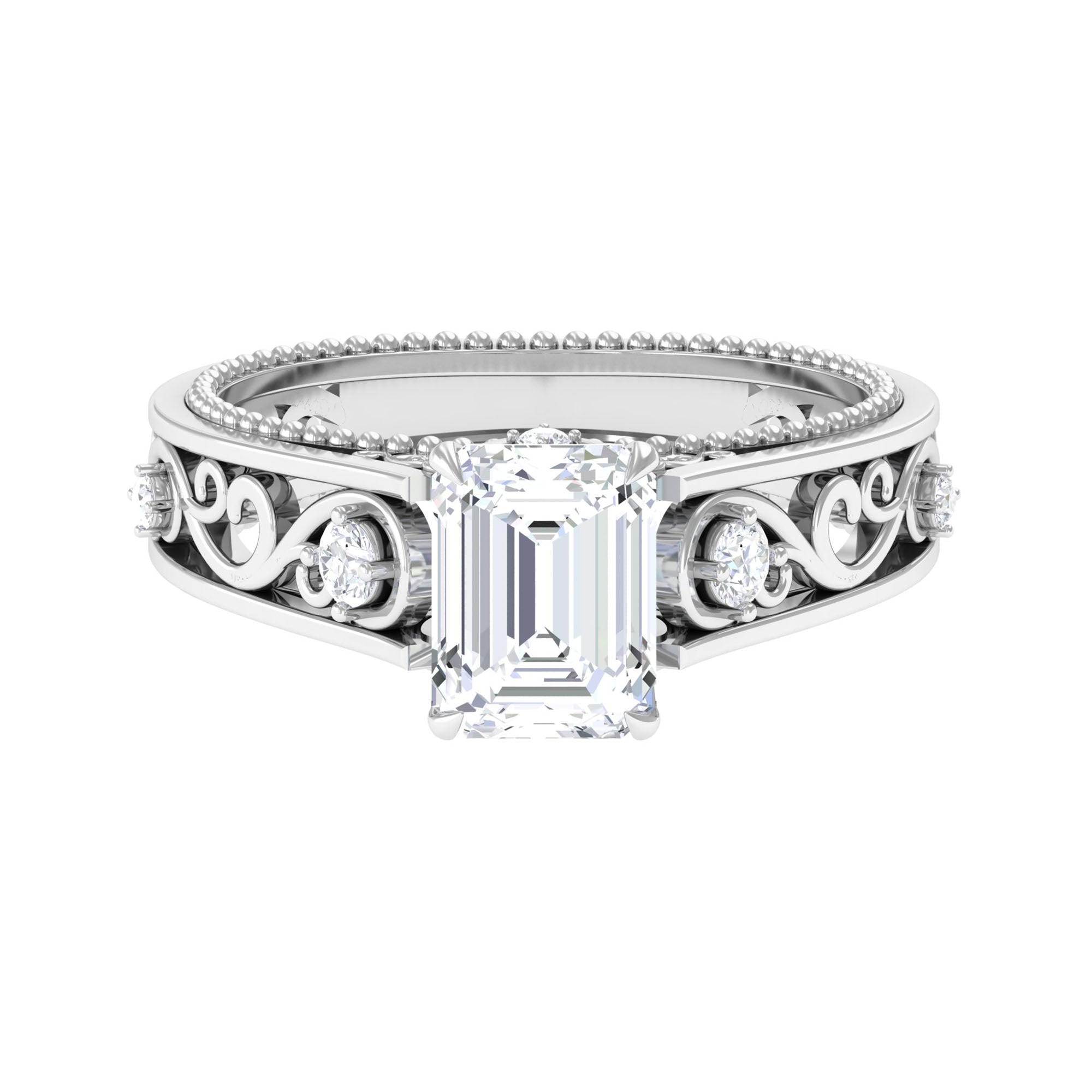 Rosec Jewels-Emerald Cut Moissanite Solitaire Band Ring with Ivy Scroll Shank