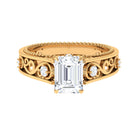 Rosec Jewels-Emerald Cut Moissanite Solitaire Band Ring with Ivy Scroll Shank