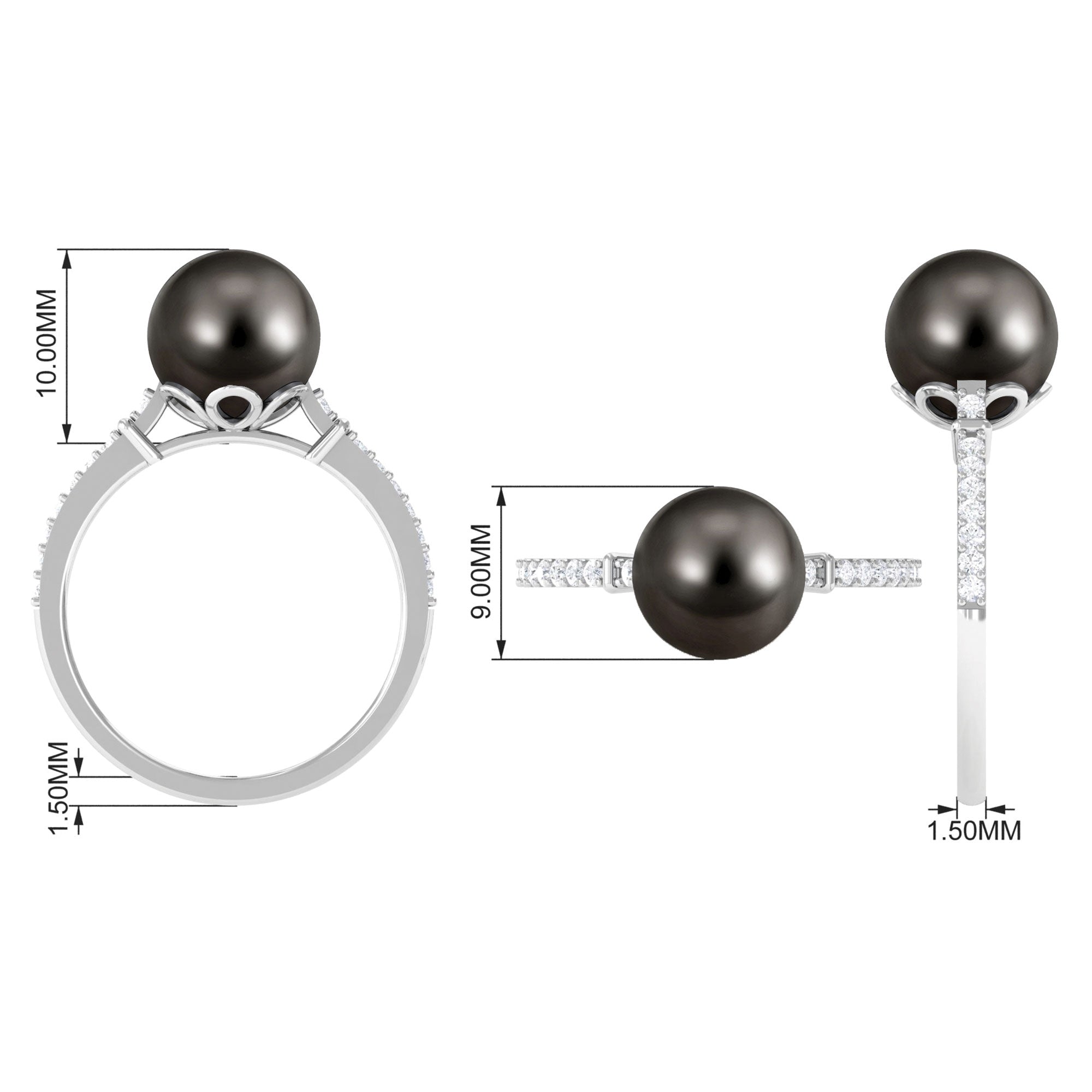 Rosec Jewels-Classic Black Pearl Ring with Diamond Side Stones