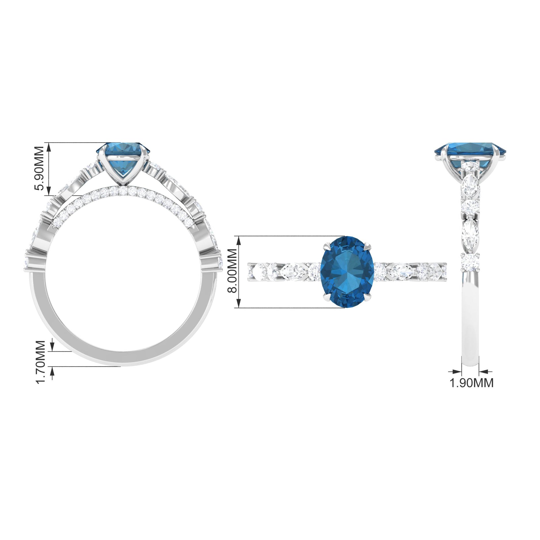 Rosec Jewels-2.25 CT Solitaire Accent Ring with Created London Blue Topaz and Diamond