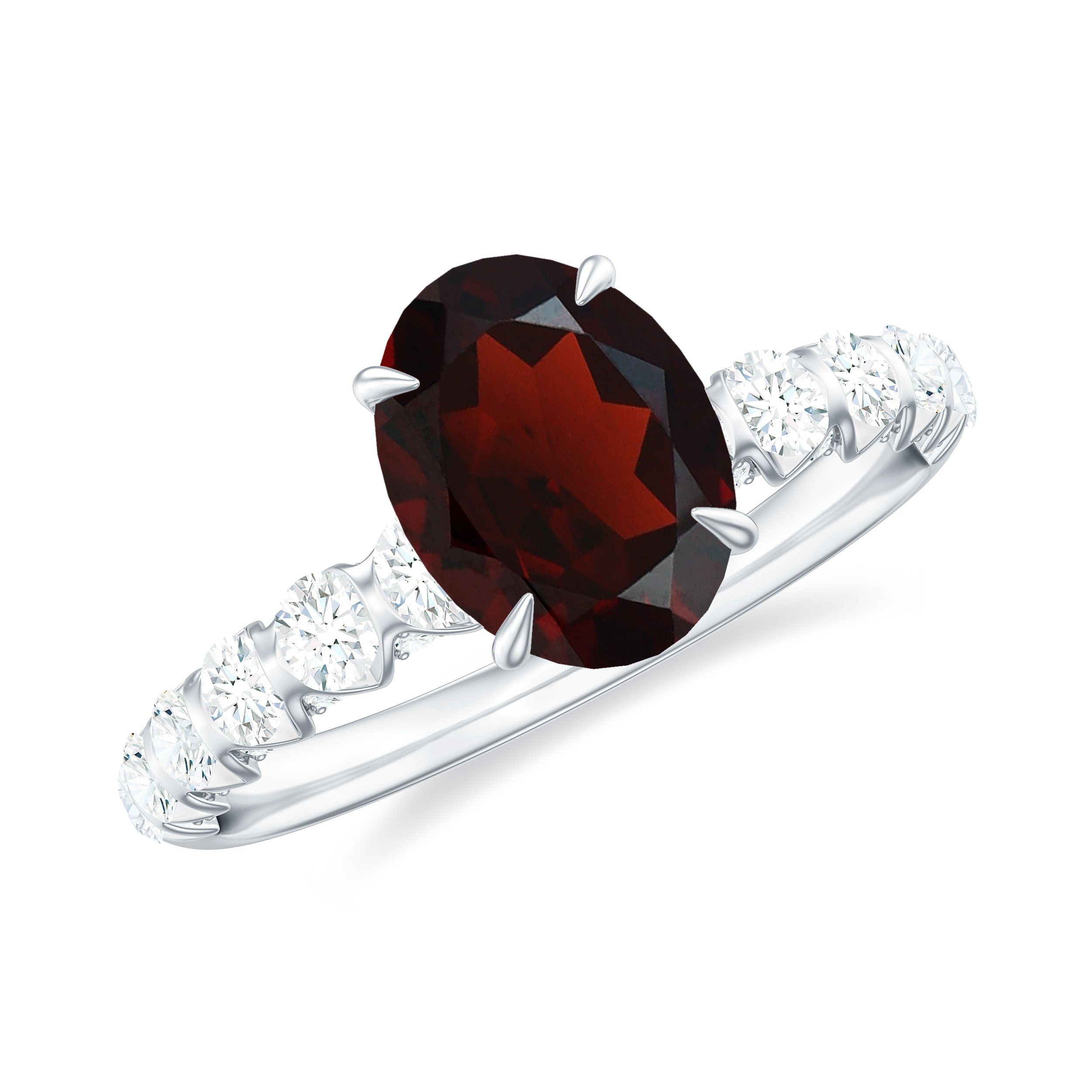 Rosec Jewels-8X6 MM Oval Cut Garnet Solitaire with Diamond Side Stones Ring