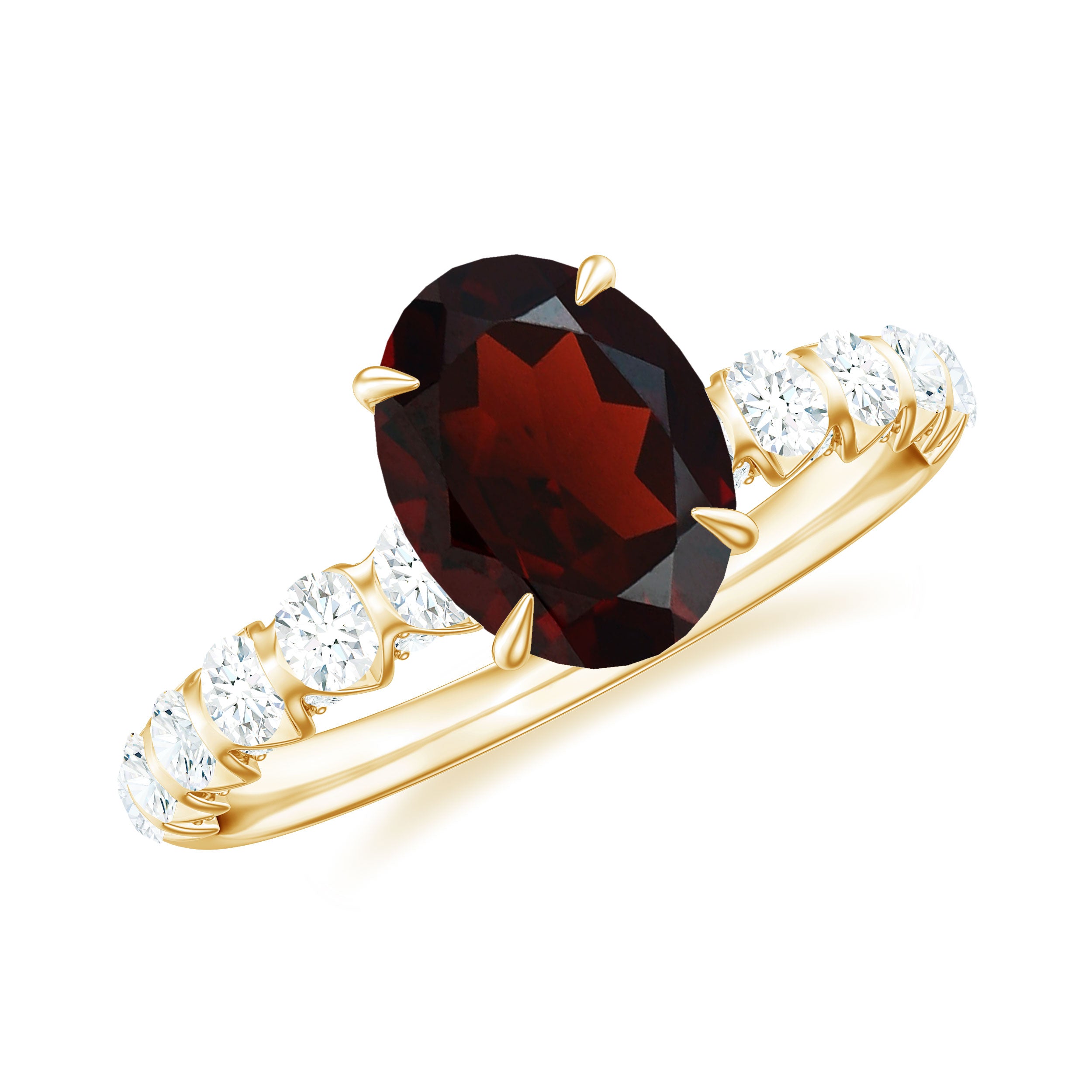 Rosec Jewels-8X6 MM Oval Cut Garnet Solitaire with Diamond Side Stones Ring