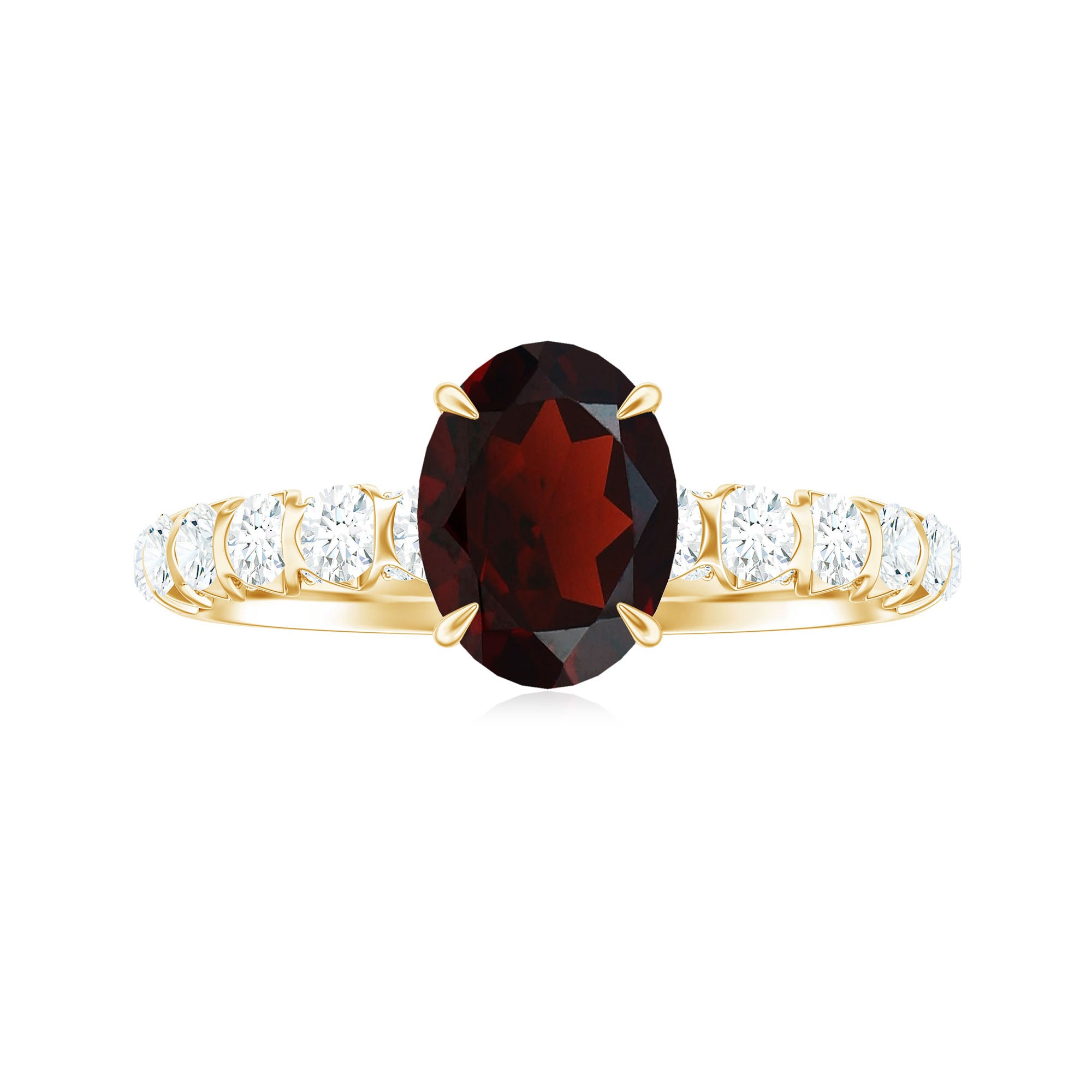 Rosec Jewels-8X6 MM Oval Cut Garnet Solitaire with Diamond Side Stones Ring