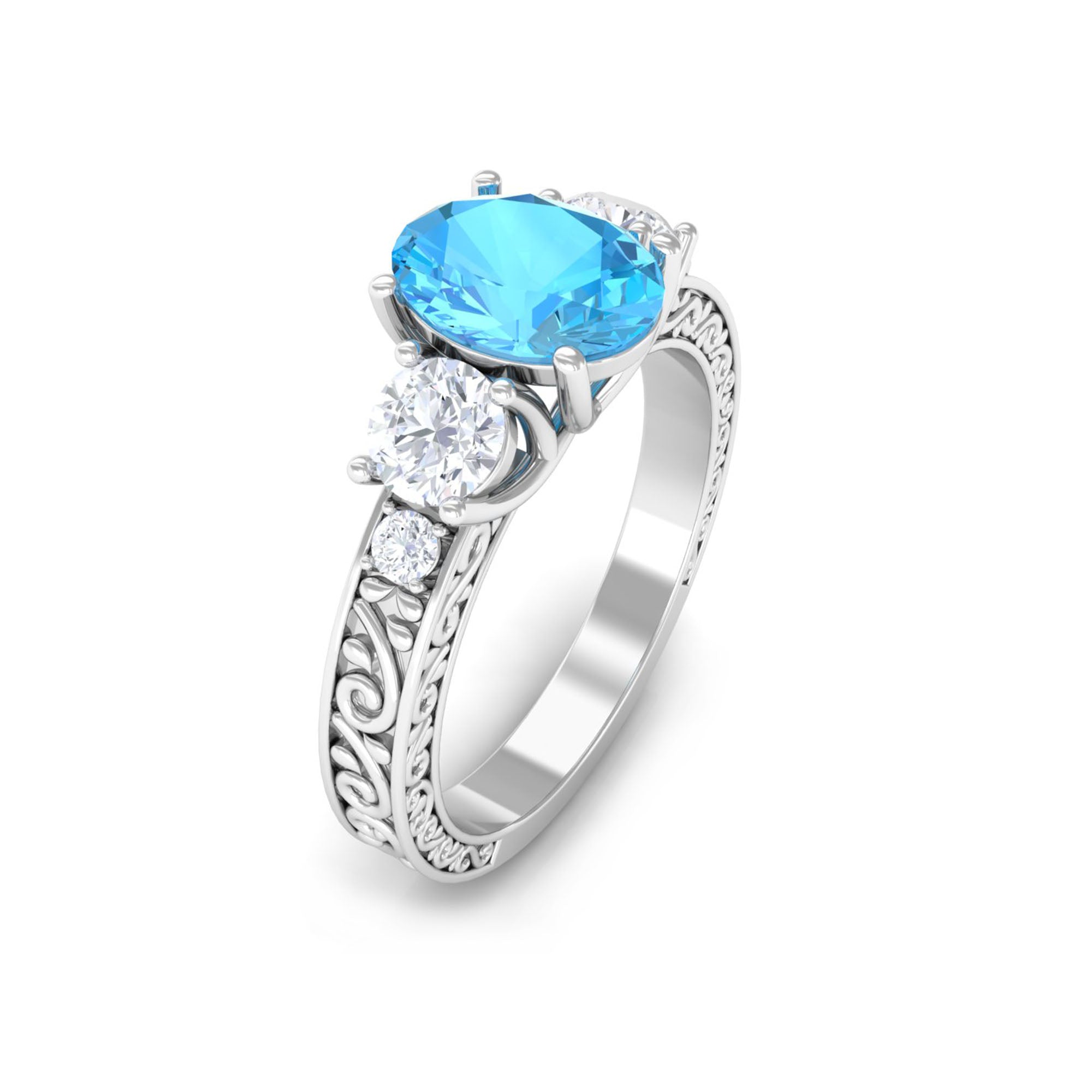 Rosec Jewels-Solitaire Oval Cut Swiss Blue Topaz and Moissanite Gold Engagement Ring