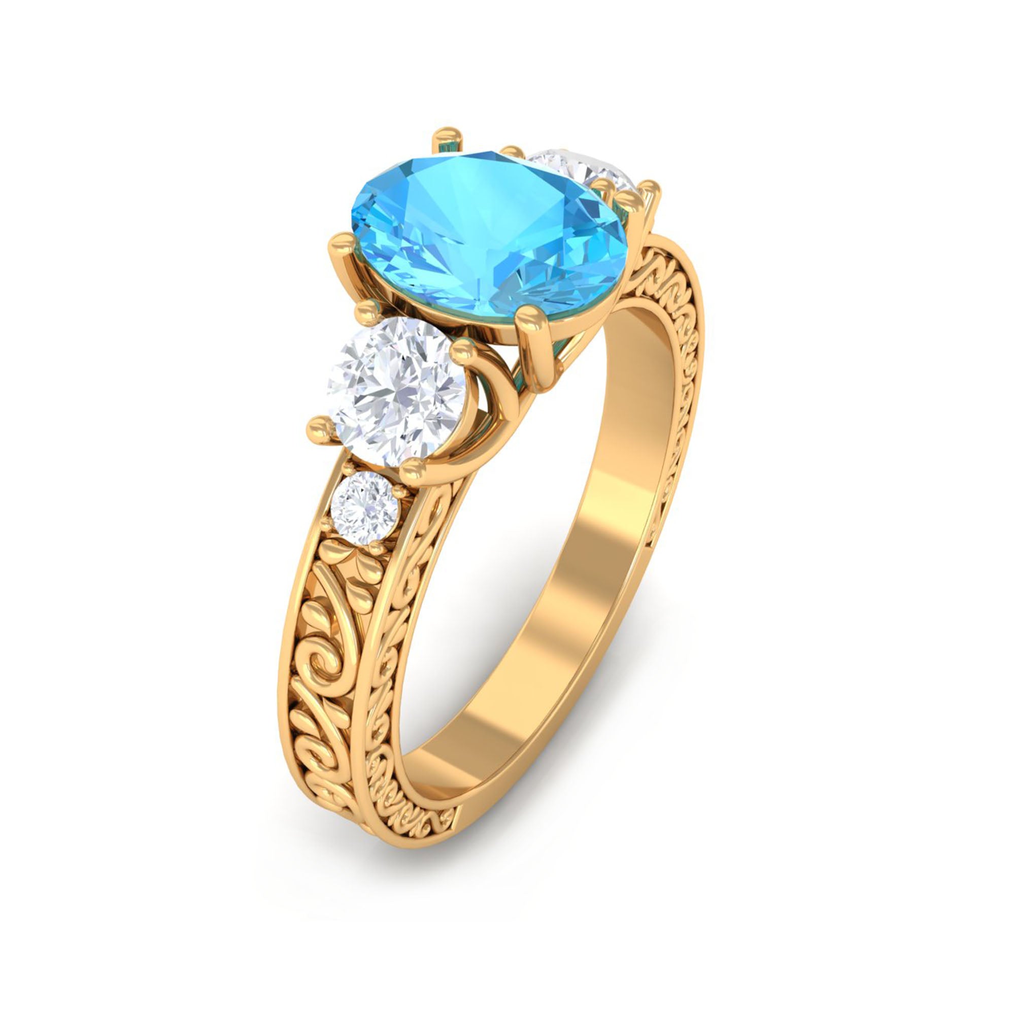 Rosec Jewels-Solitaire Oval Cut Swiss Blue Topaz and Moissanite Gold Engagement Ring