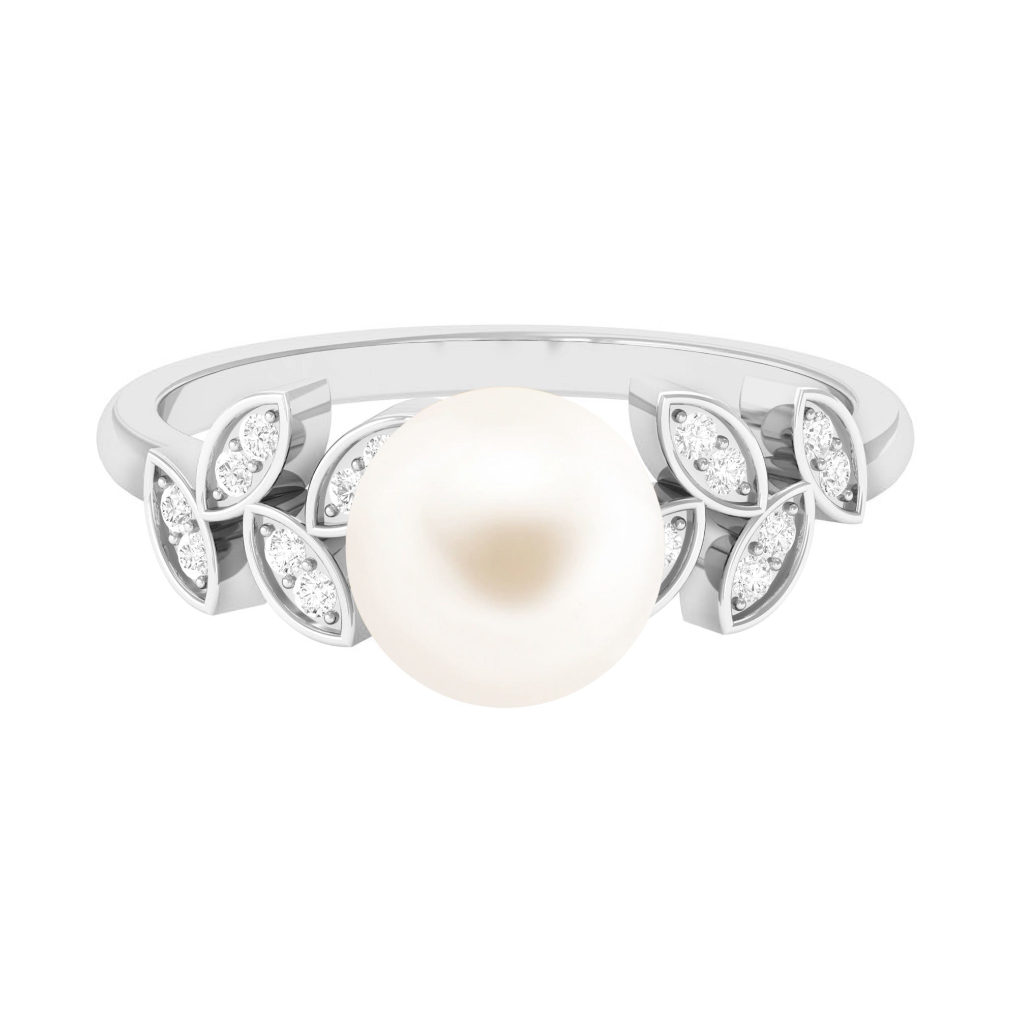 Rosec Jewels-Freshwater Pearl Solitaire Engagement Ring with Diamond Leaf Shank