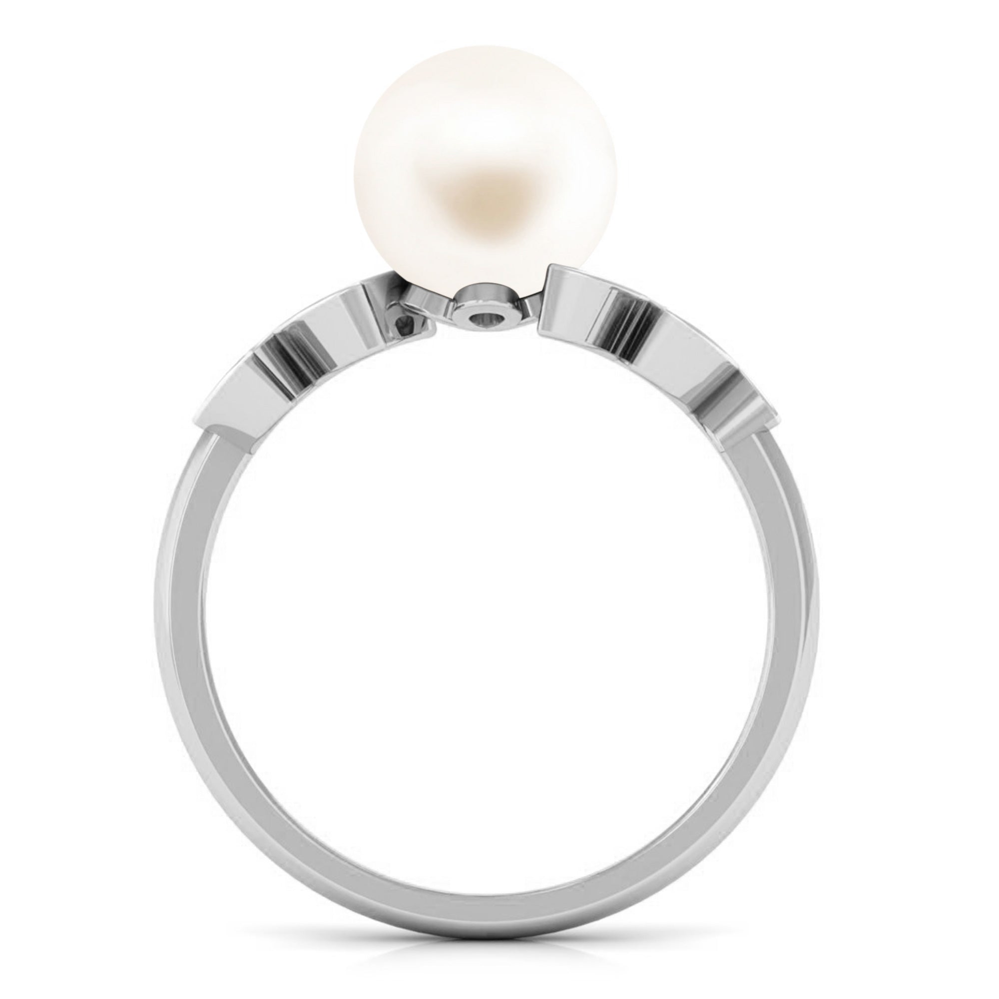 Rosec Jewels-Freshwater Pearl Solitaire Engagement Ring with Diamond Leaf Shank