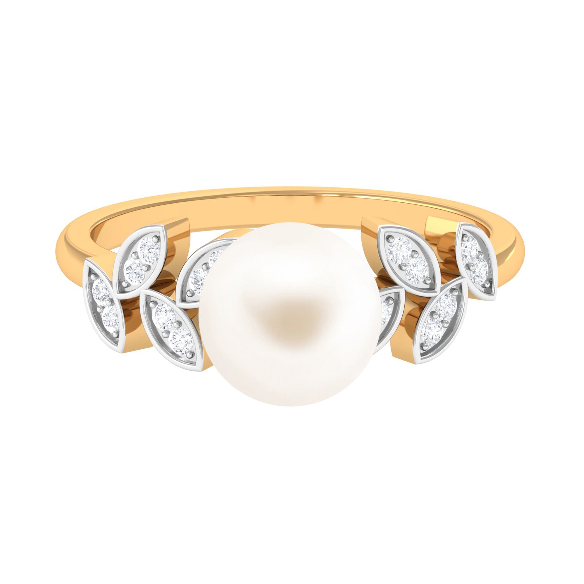 Rosec Jewels-Freshwater Pearl Solitaire Engagement Ring with Diamond Leaf Shank