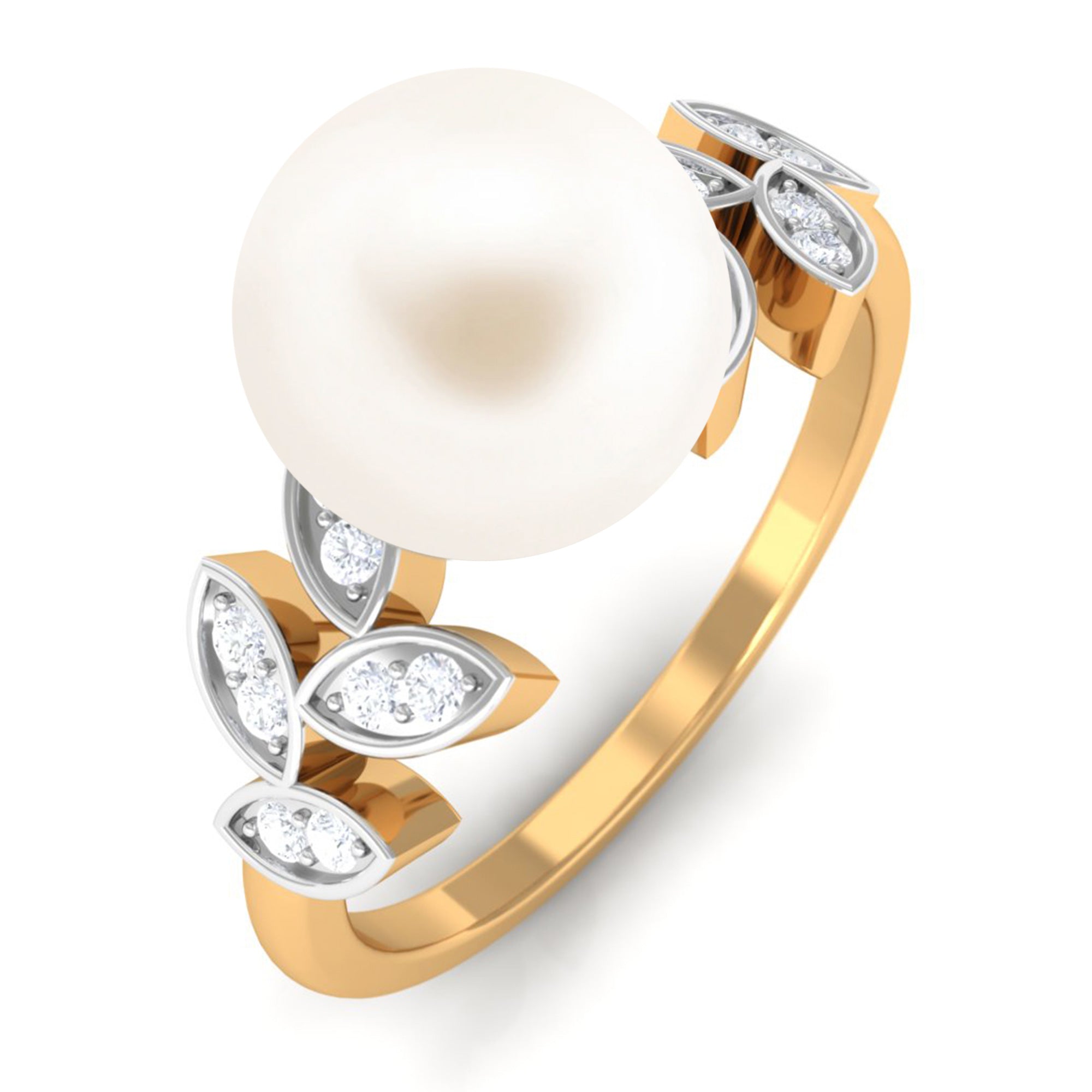 Rosec Jewels-Freshwater Pearl Solitaire Engagement Ring with Diamond Leaf Shank