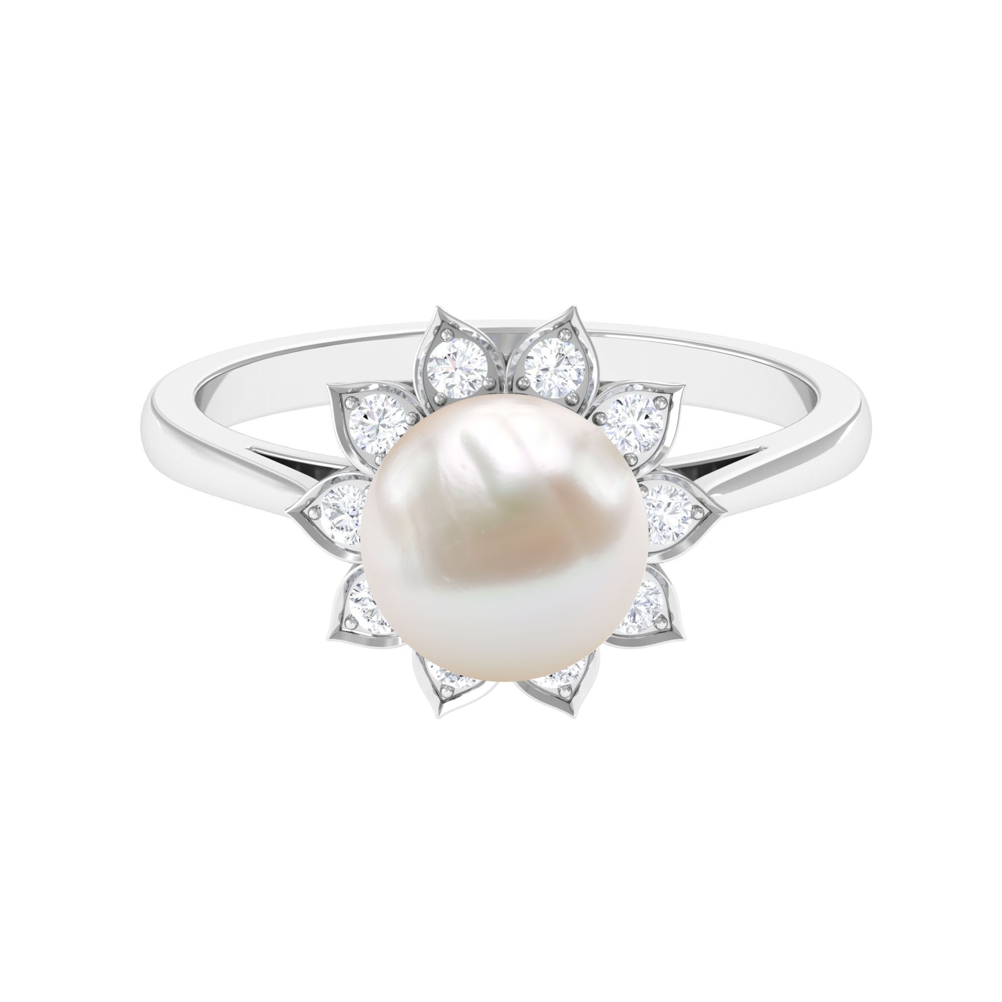 Rosec Jewels-Freshwater Pearl and Diamond Flower Halo Engagement Ring