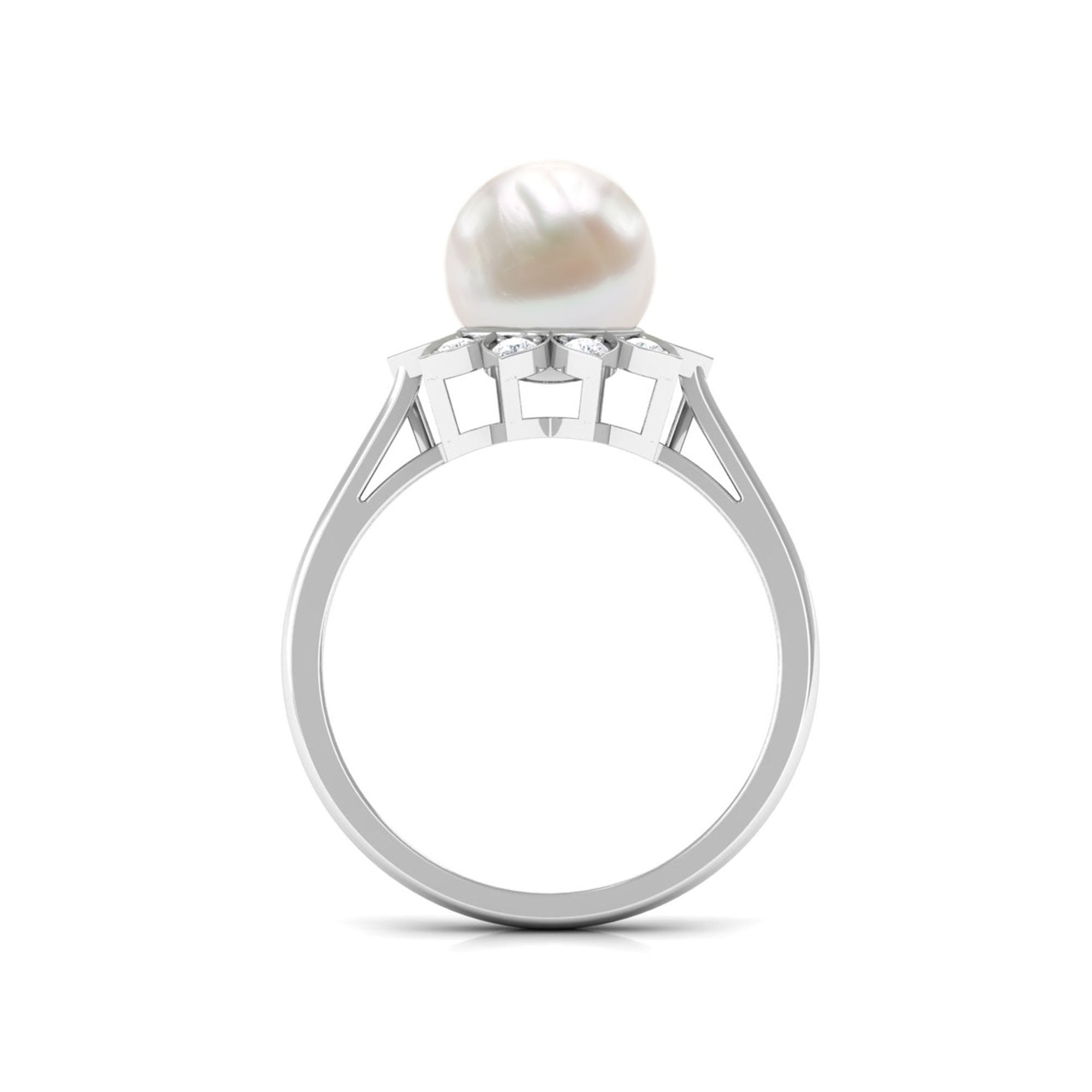 Rosec Jewels-Freshwater Pearl and Diamond Flower Halo Engagement Ring