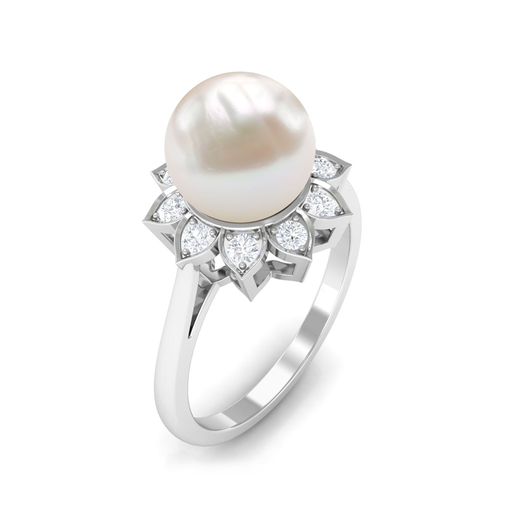 Rosec Jewels-Freshwater Pearl and Diamond Flower Halo Engagement Ring