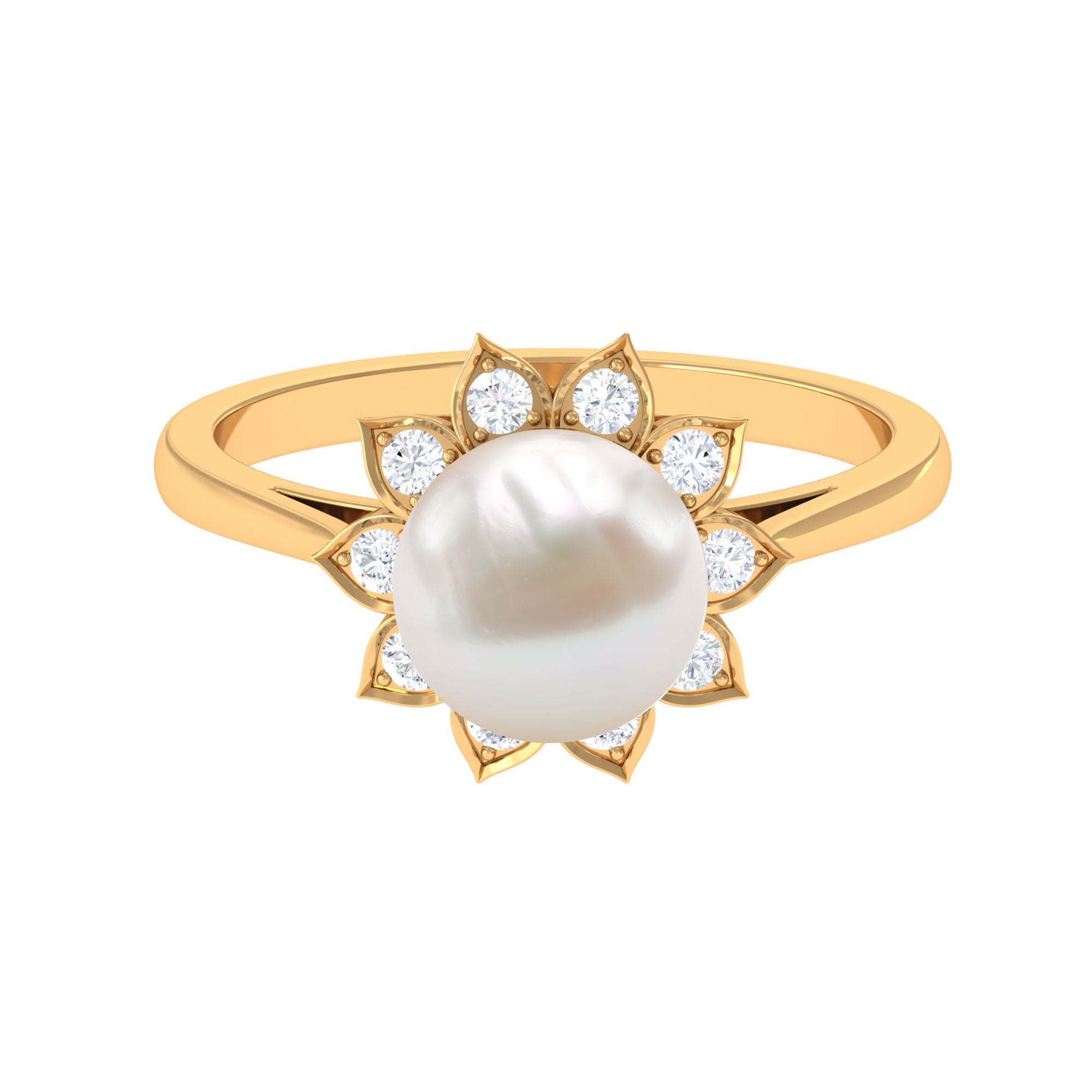 Rosec Jewels-Freshwater Pearl and Diamond Flower Halo Engagement Ring