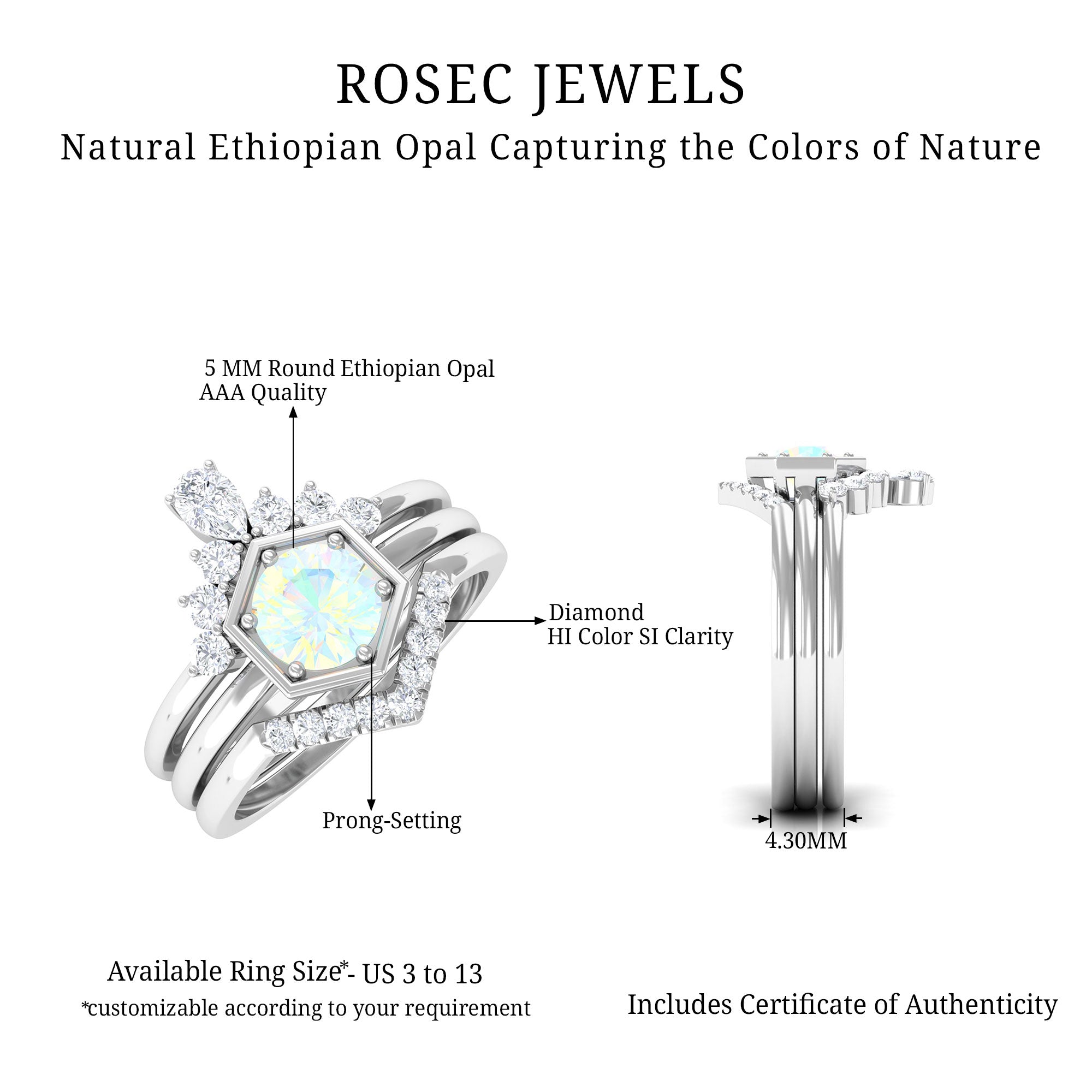 Rosec Jewels-1 CT Classic Ethiopian Opal and Diamond Wedding Ring Set