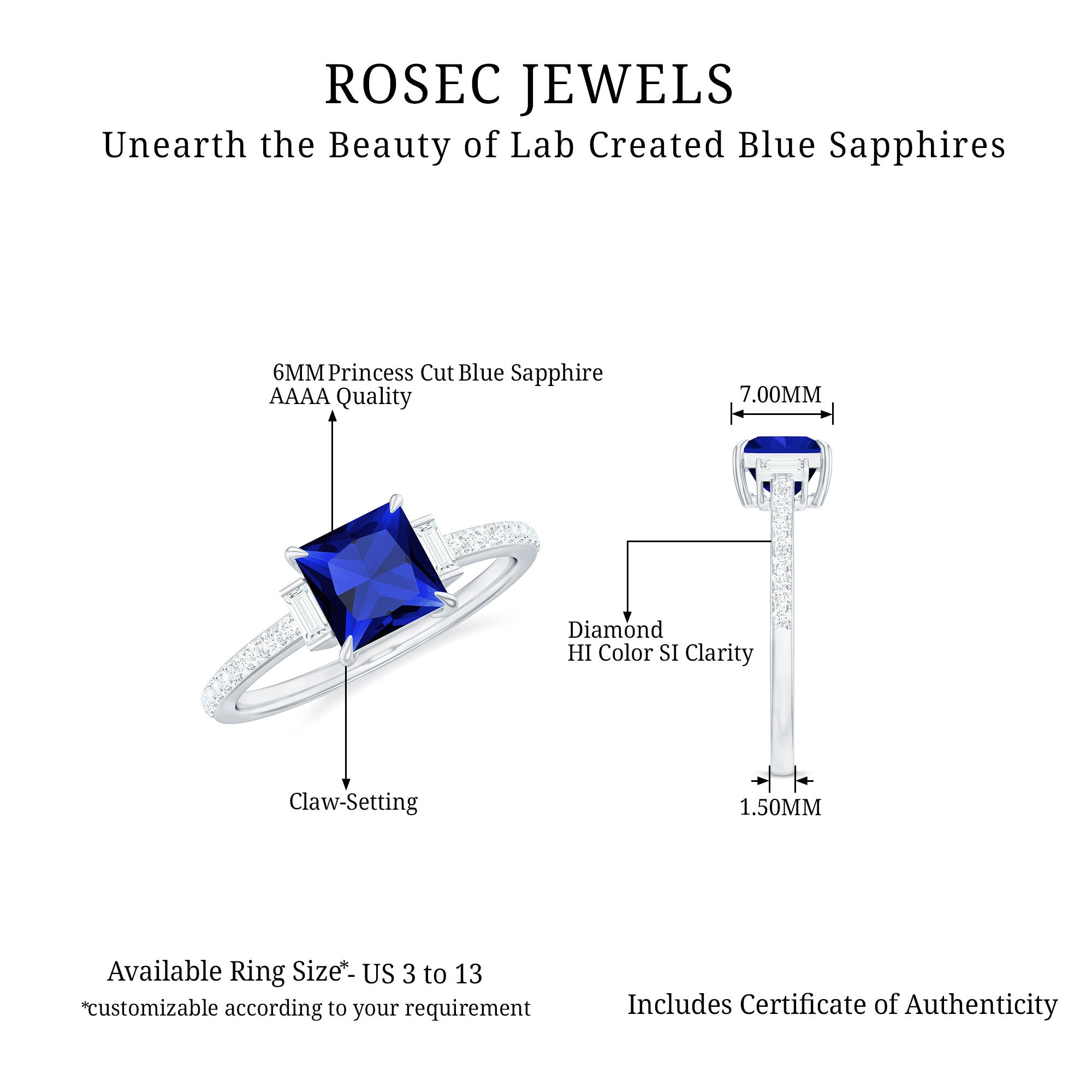 Rosec Jewels-2 CT Princess Cut Created Blue Sapphire Promise Ring with Diamond Side Stones