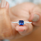 Rosec Jewels-2 CT Princess Cut Created Blue Sapphire Promise Ring with Diamond Side Stones