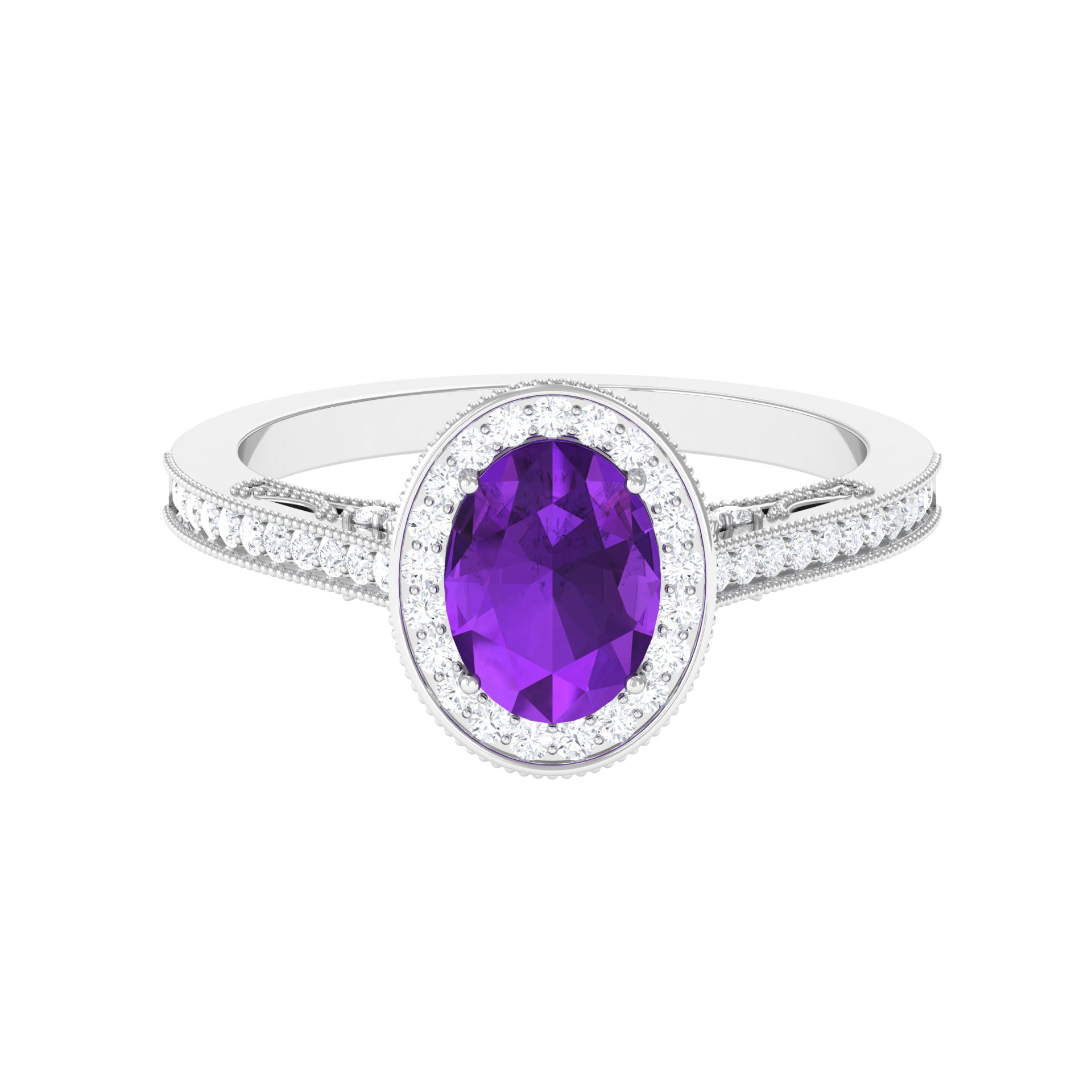 Rosec Jewels-Vintage Inspired Oval Amethyst Engagement Ring with Diamond