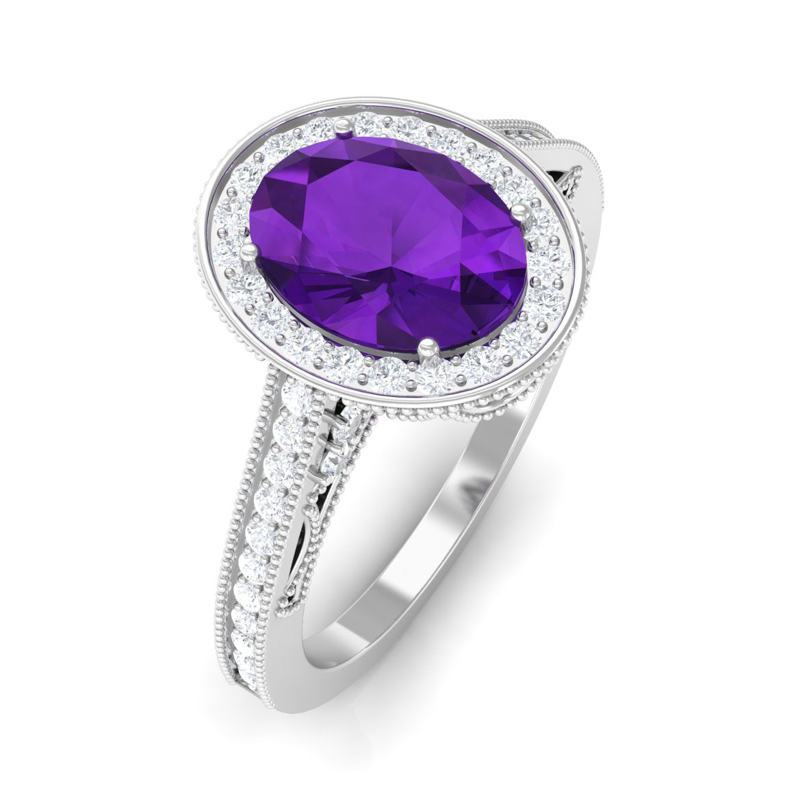 Rosec Jewels-Vintage Inspired Oval Amethyst Engagement Ring with Diamond