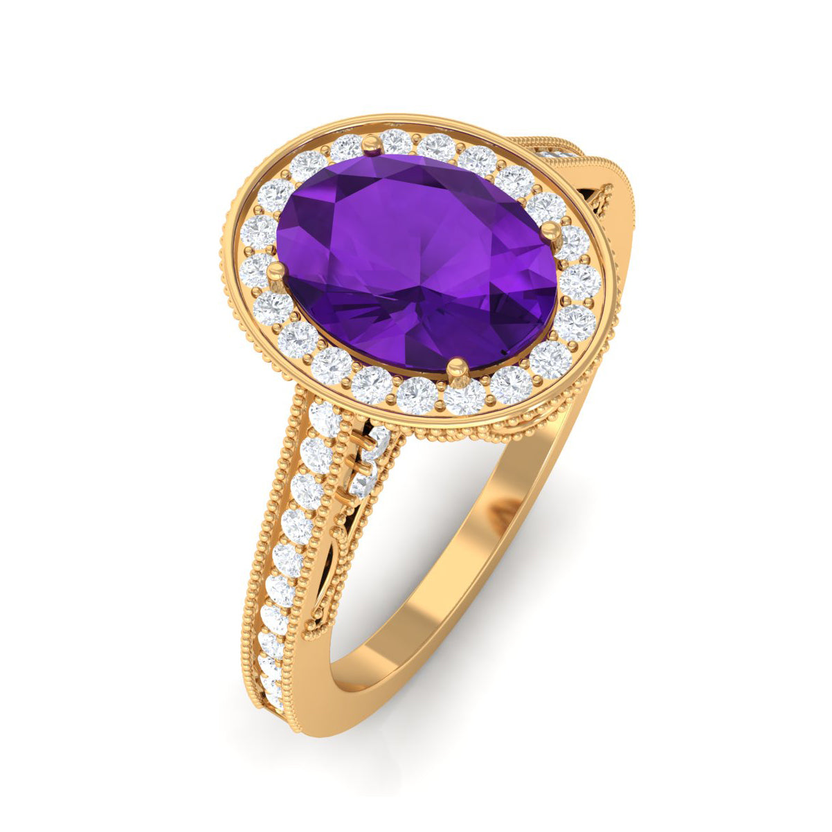 Rosec Jewels-Vintage Inspired Oval Amethyst Engagement Ring with Diamond