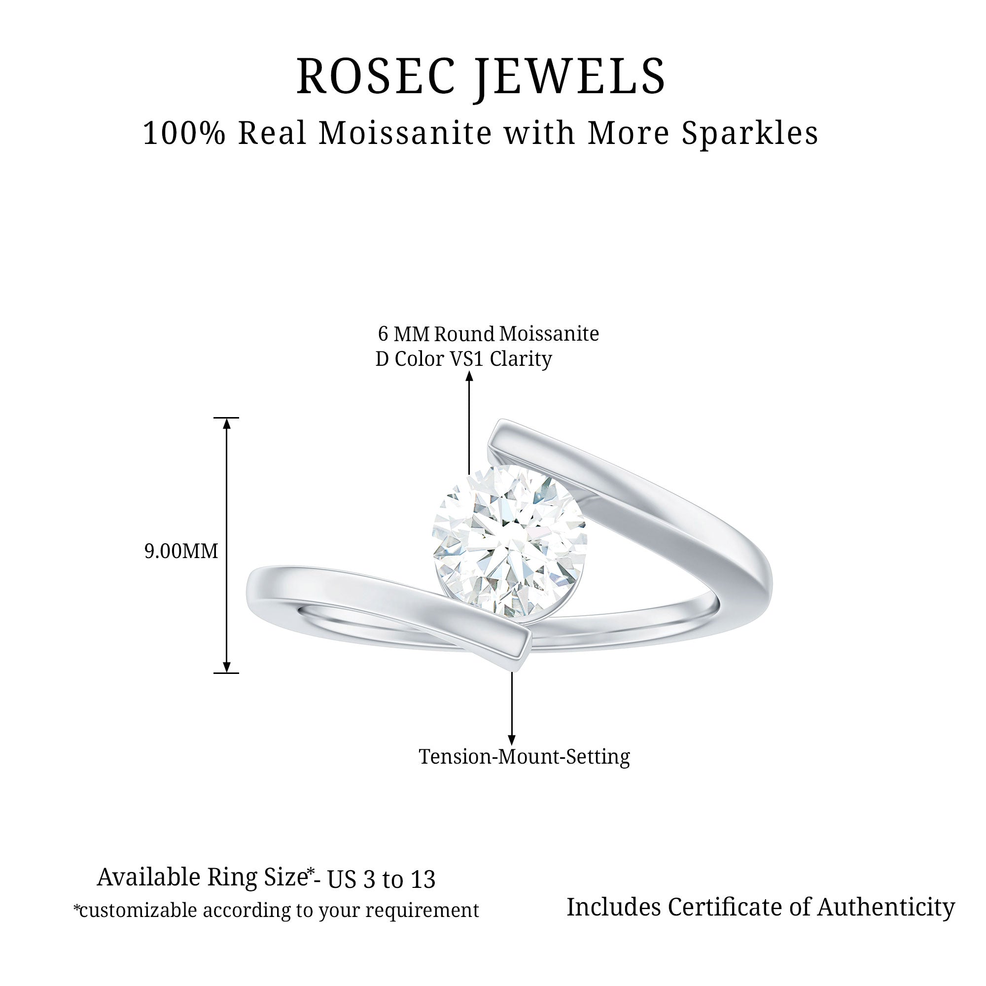 Rosec Jewels-Round Shape Moissanite Solitaire Bypass Gold Ring