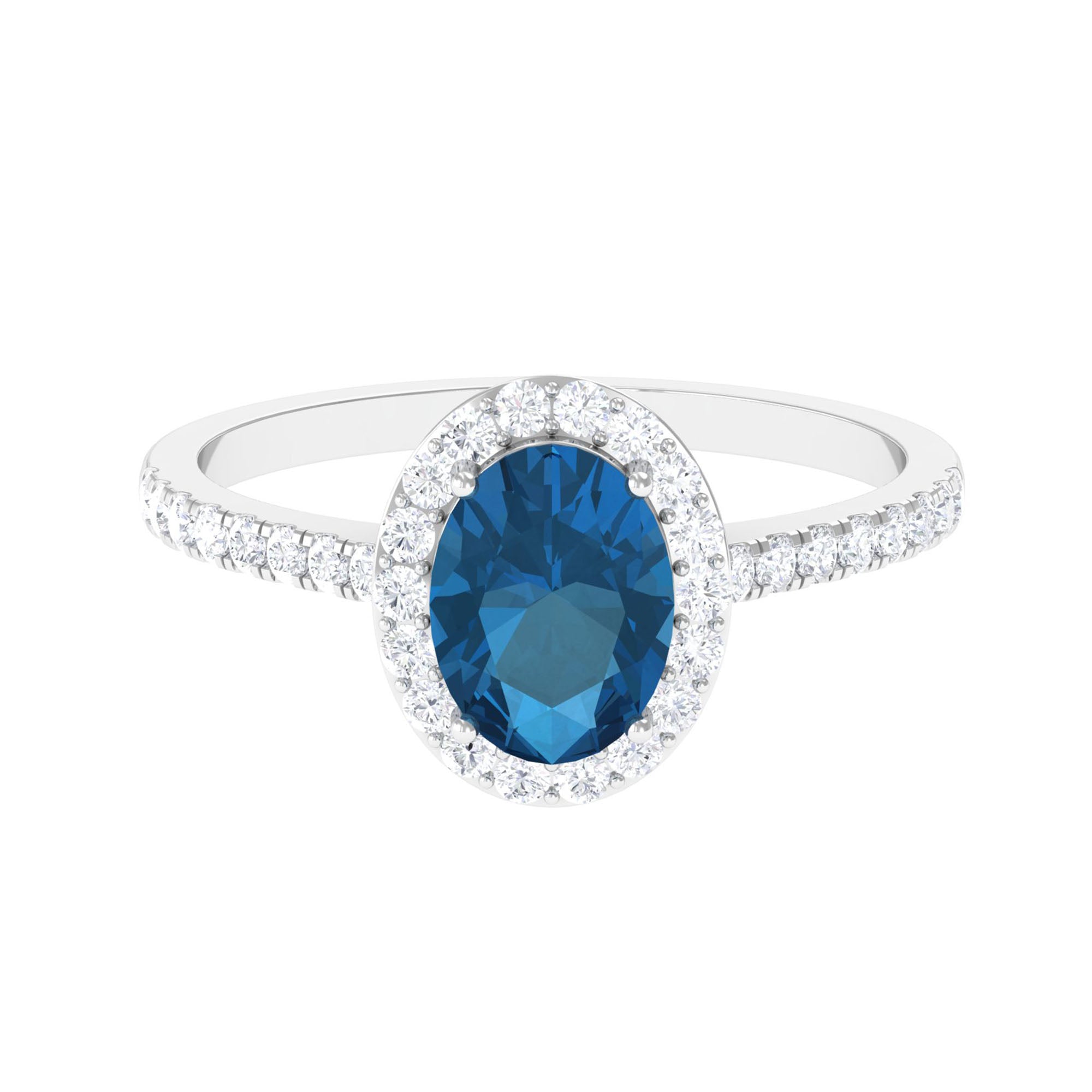 2 CT Oval Cut London Blue Topaz Solitaire Ring with Diamond Halo