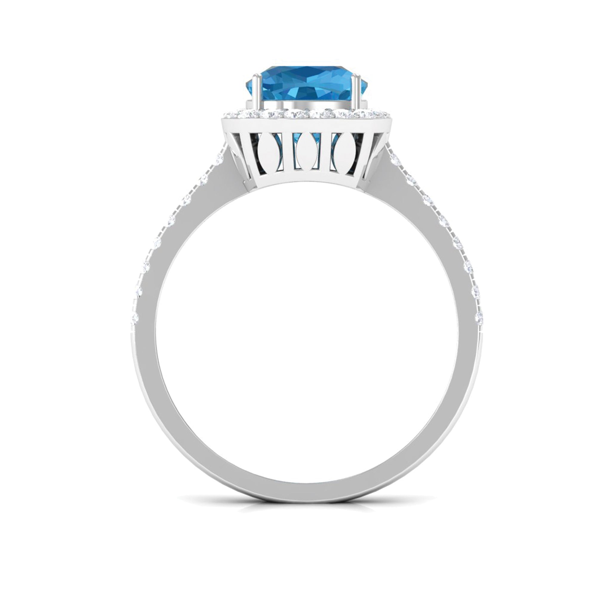 7 MM Cushion Cut Swiss Blue Topaz Solitaire with Diamond Halo Ring Swiss Blue Topaz - ( AAA ) - Quality - Rosec Jewels