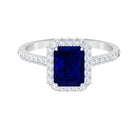 Rosec Jewels-Emerald Cut Created Blue Sapphire Halo Engagement Ring with Diamond