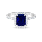 Rosec Jewels-Emerald Cut Created Blue Sapphire Halo Engagement Ring with Diamond