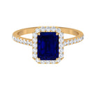 Rosec Jewels-Emerald Cut Created Blue Sapphire Halo Engagement Ring with Diamond