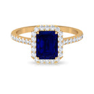 Rosec Jewels-Emerald Cut Created Blue Sapphire Halo Engagement Ring with Diamond