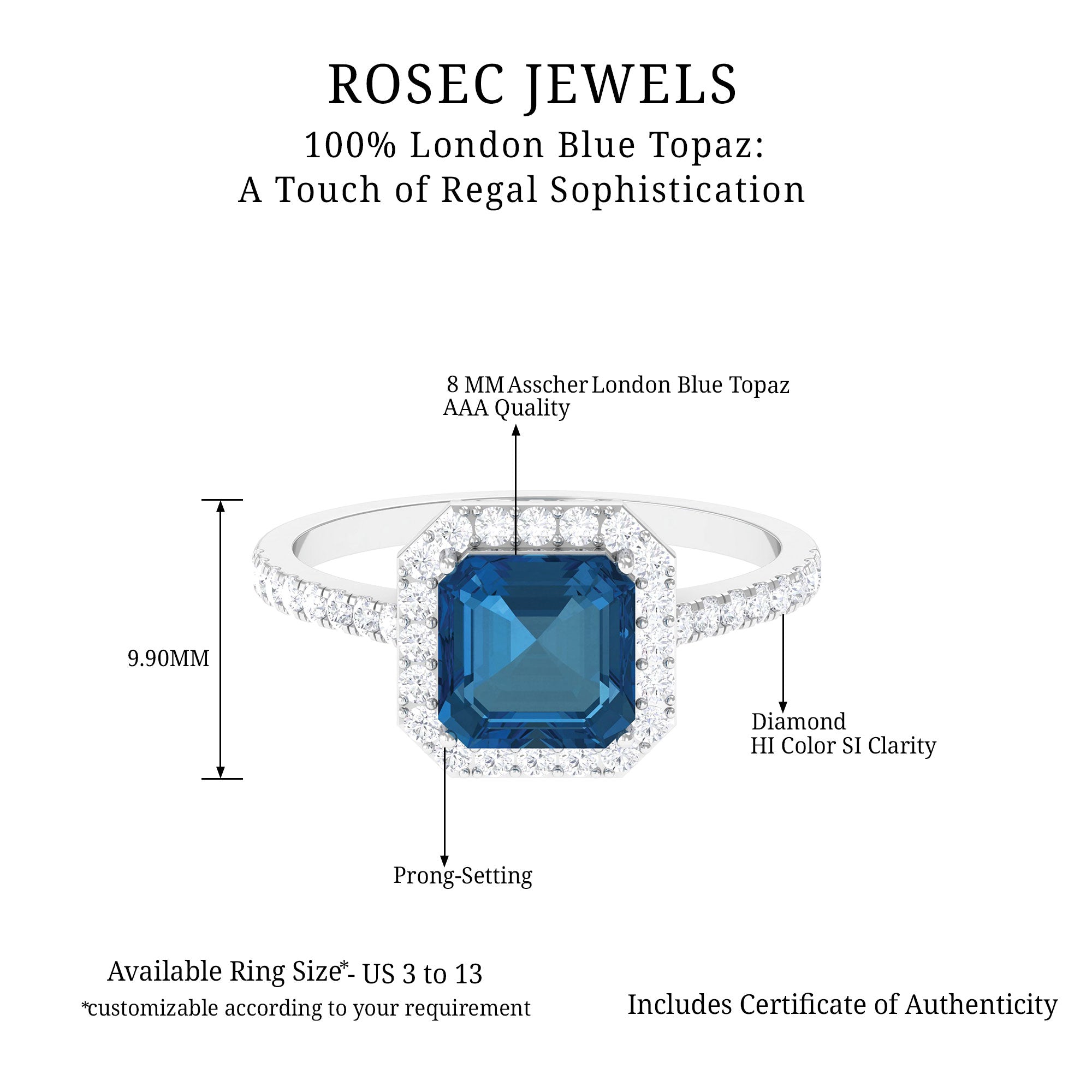 Rosec Jewels-Crown Shank London Blue Topaz Engagement Ring with Diamond Accent