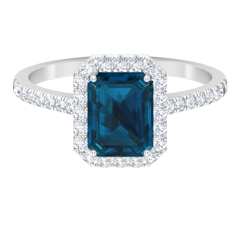 Rosec Jewels-Emerald Cut London Blue Topaz Halo Engagement Ring with Diamond