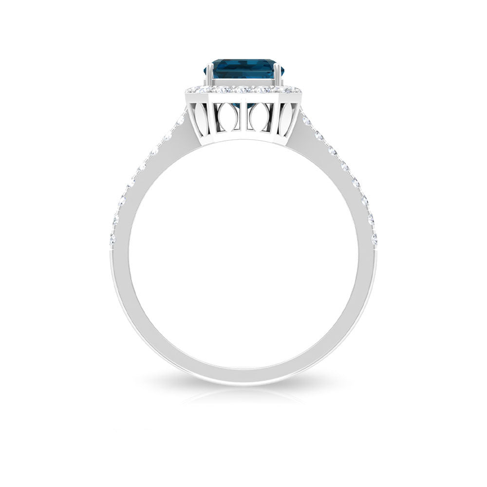 Rosec Jewels-Emerald Cut London Blue Topaz Halo Engagement Ring with Diamond