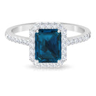 Rosec Jewels-Emerald Cut London Blue Topaz Halo Engagement Ring with Diamond