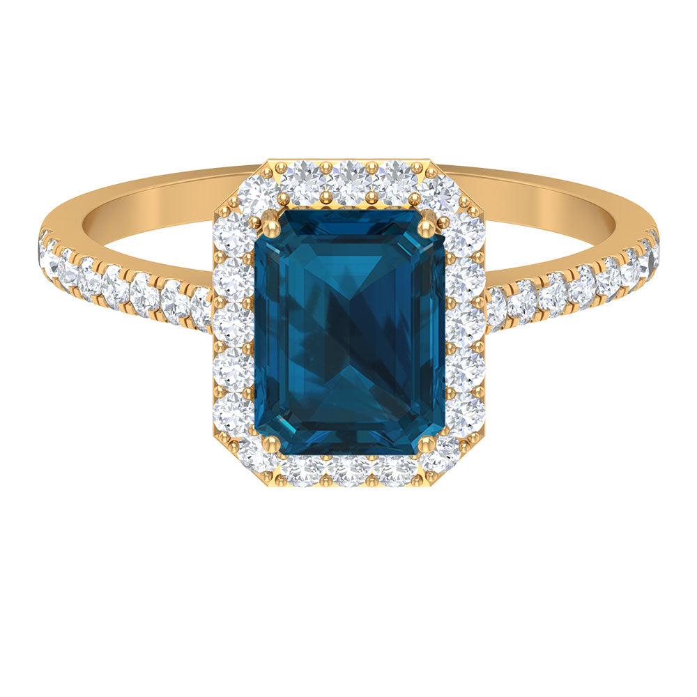 Rosec Jewels-Emerald Cut London Blue Topaz Halo Engagement Ring with Diamond