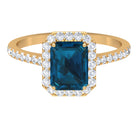 Rosec Jewels-Emerald Cut London Blue Topaz Halo Engagement Ring with Diamond