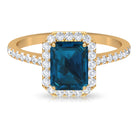 Rosec Jewels-Emerald Cut London Blue Topaz Halo Engagement Ring with Diamond