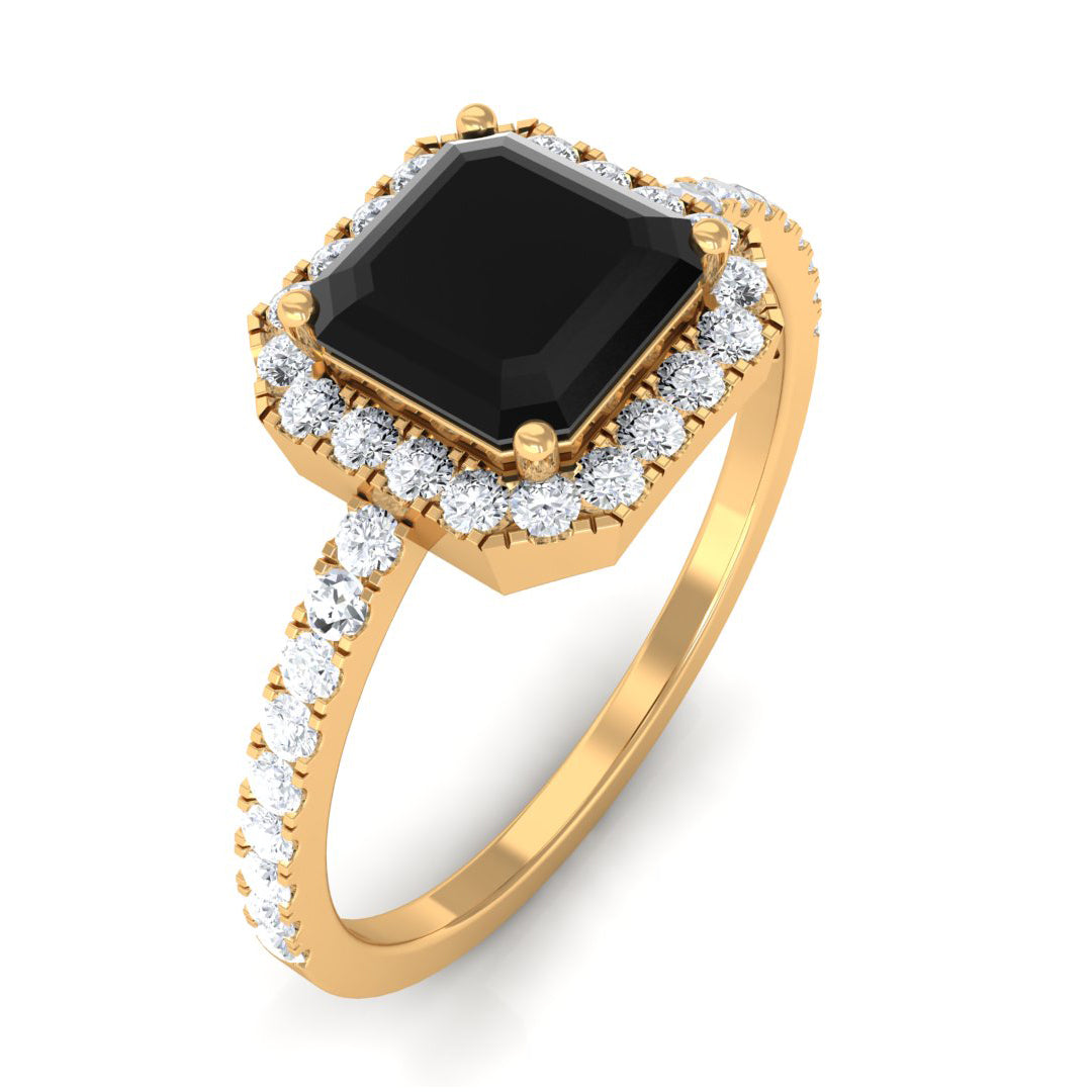 Rosec Jewels-Asscher Cut Created Black Diamond and Diamond Halo Engagement Ring