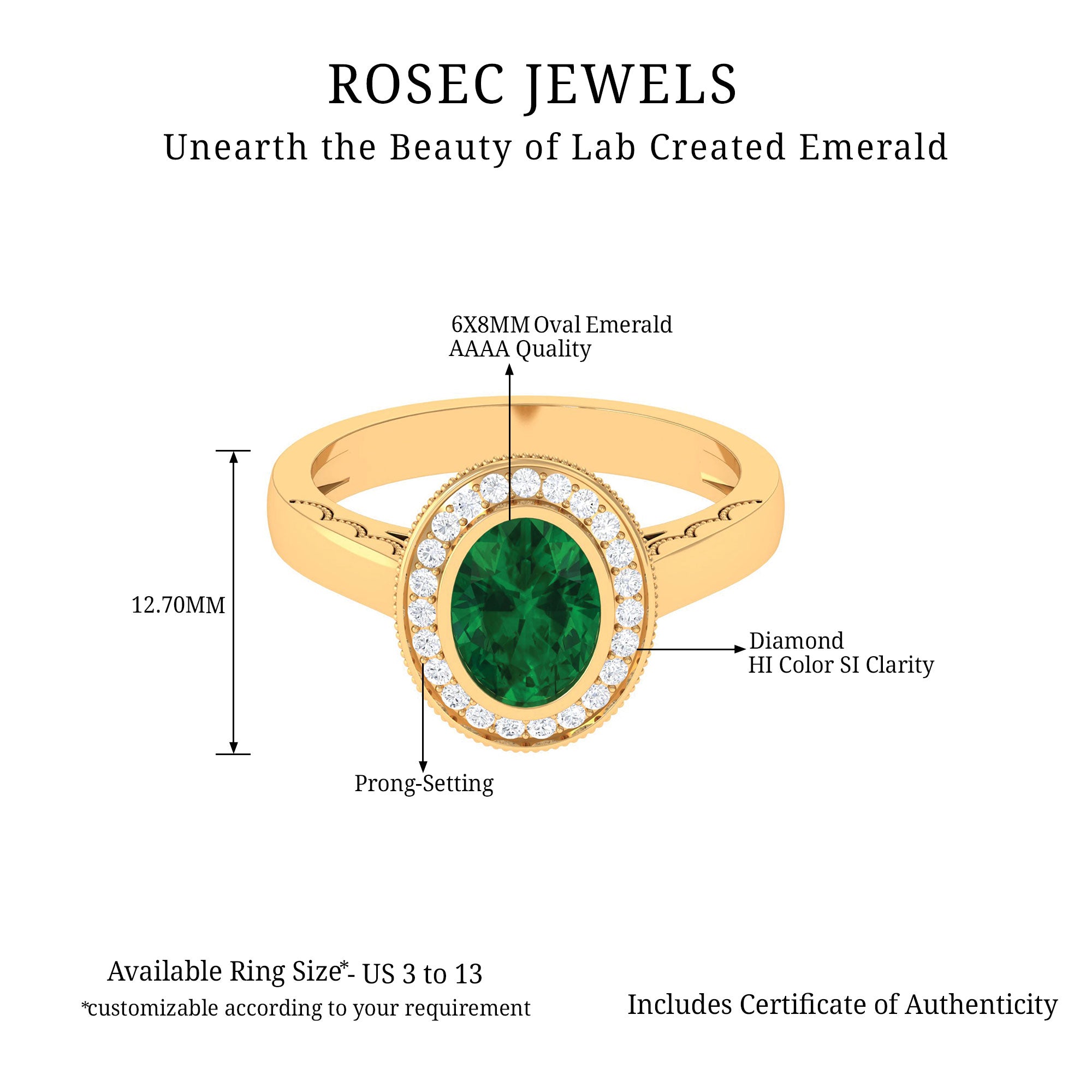 Rosec Jewels-Oval Lab Grown Emerald and Diamond Halo Engagement Ring