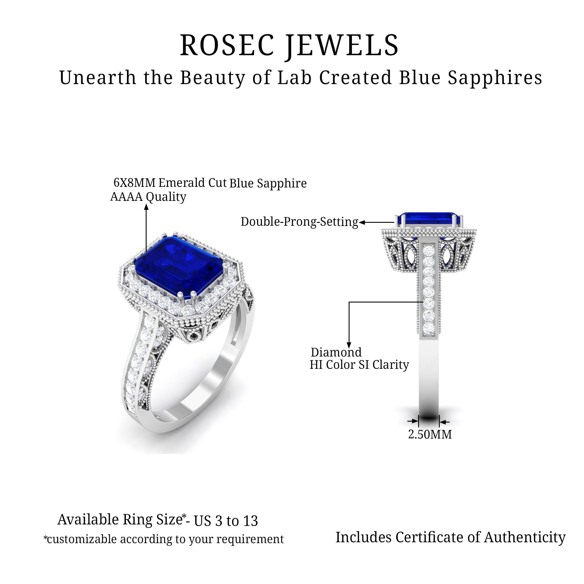 Rosec Jewels-Vintage Engagement Ring with 2.25 CT Created Blue Sapphire and Diamond Accents